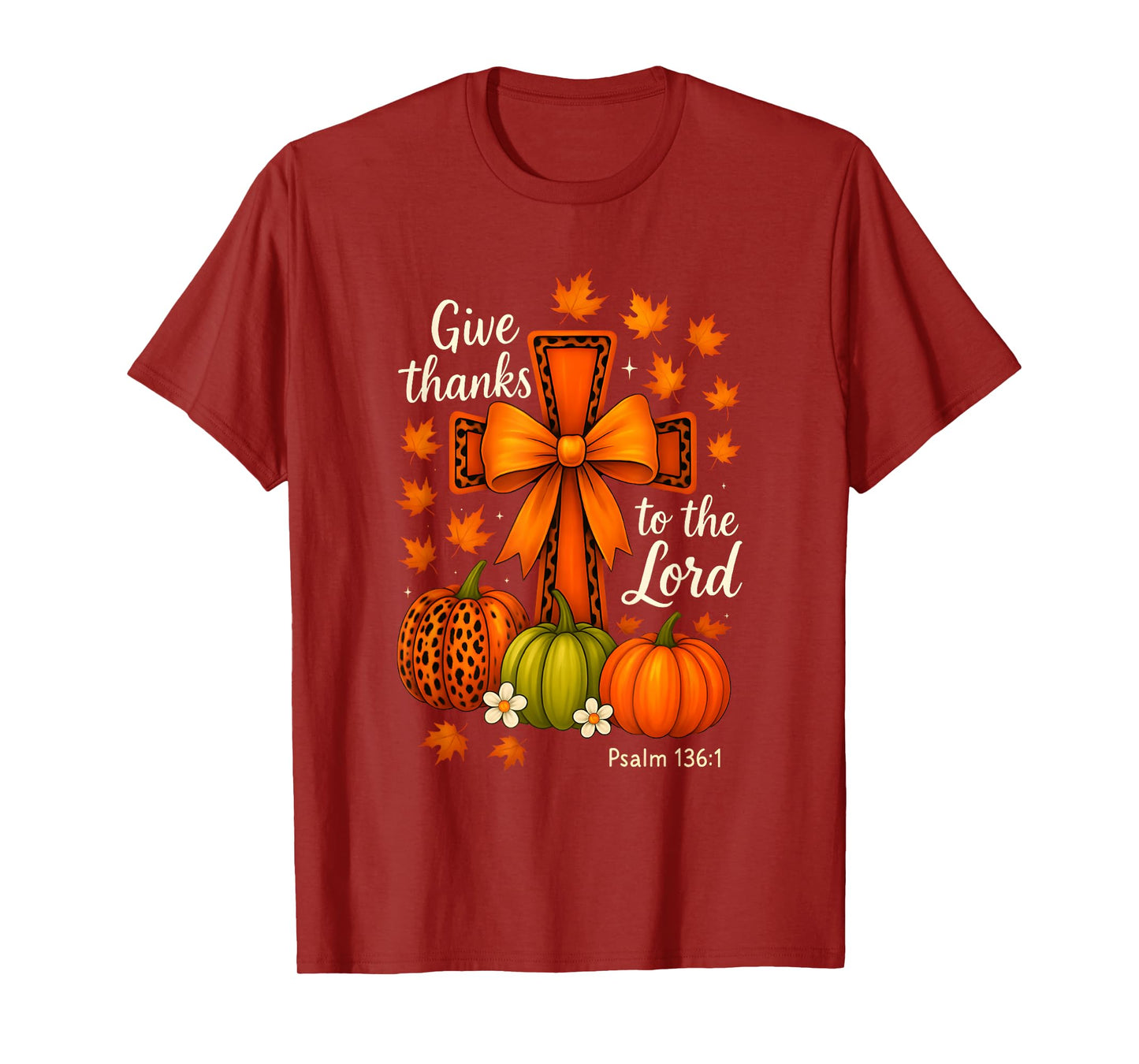 Give Thanks to The Lord Fall Christian Cross Coquette Bow T-Shirt