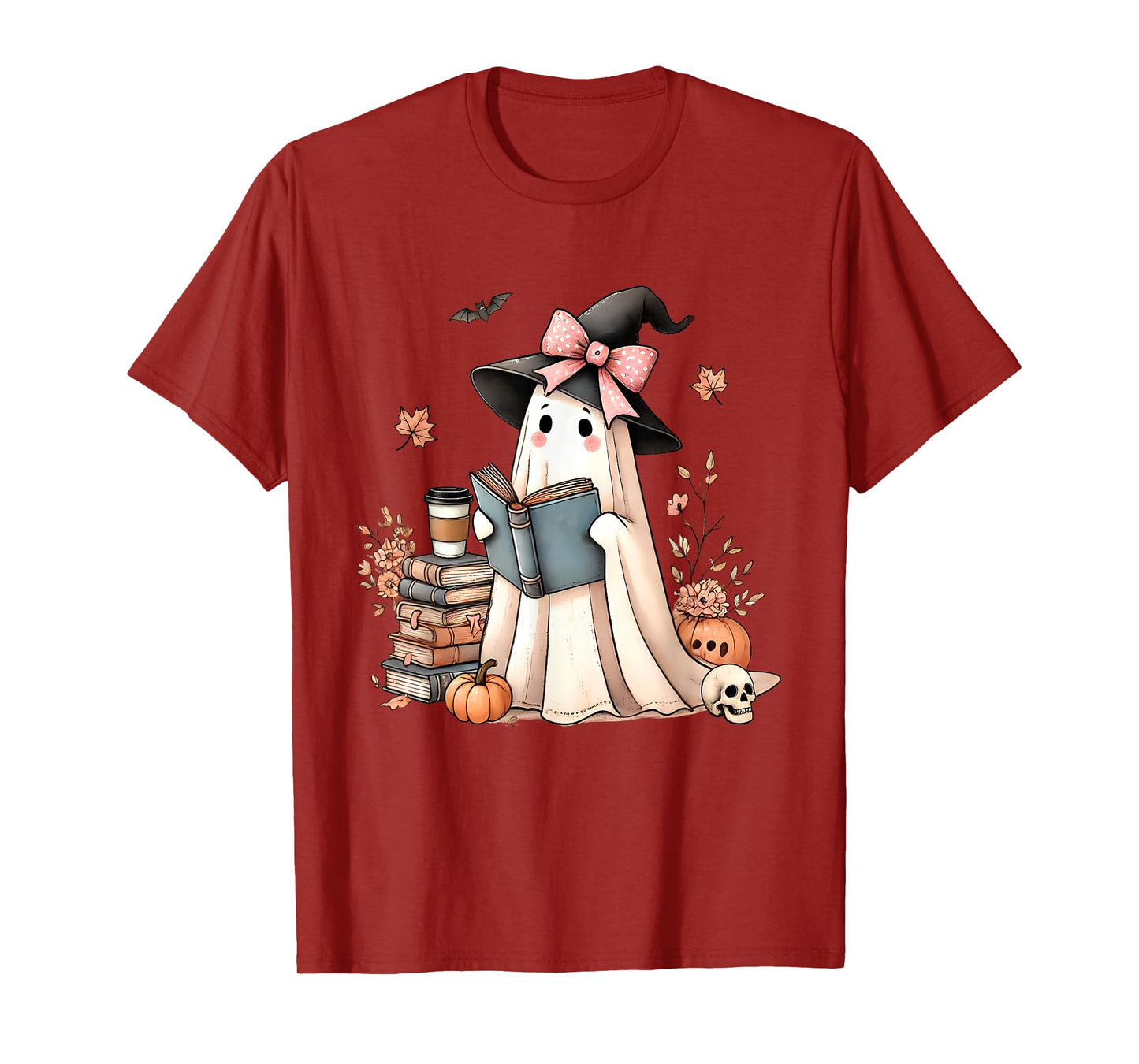Cute Ghost Reading Book Lovers Halloween Ghost Coffee Women T-Shirt