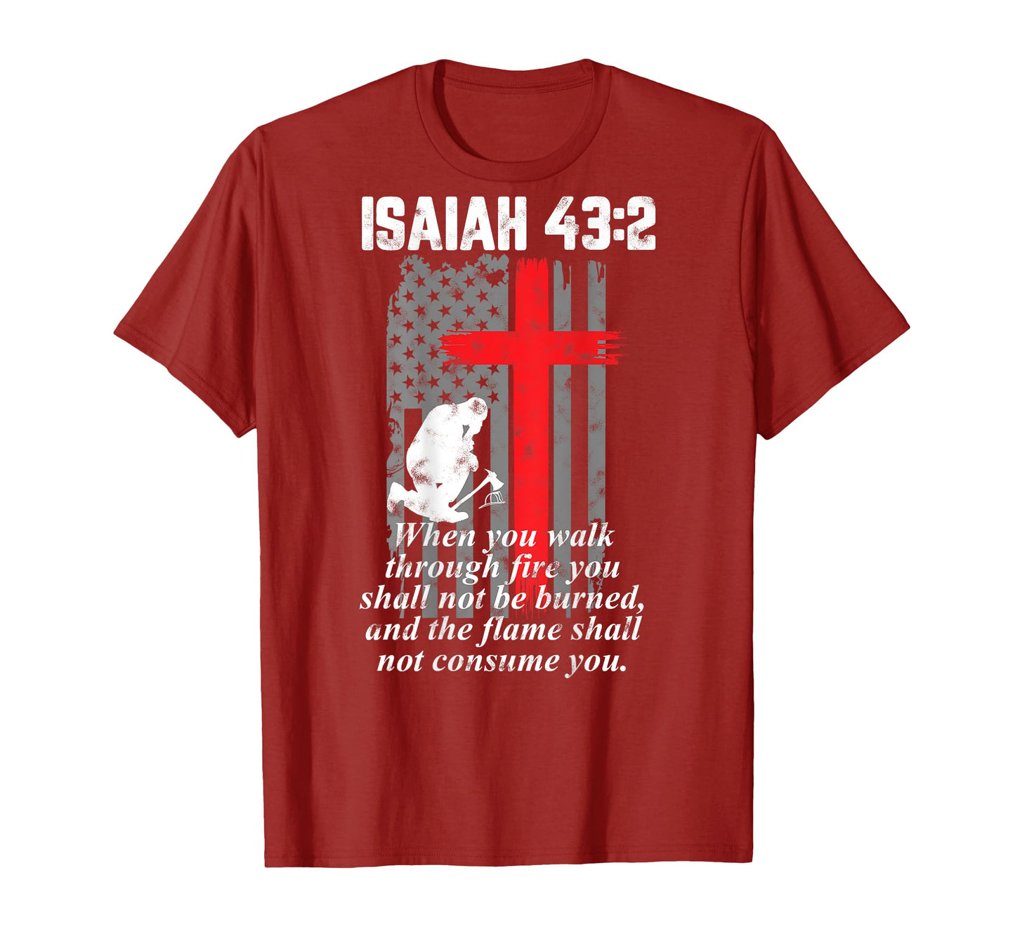 Thin Red Line Firefighter cross Bible Verse American Flag T-Shirt