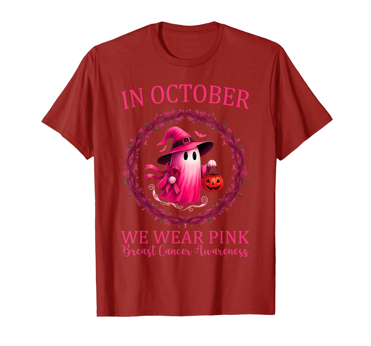in October We Wear Pink Ribbon Ghost Breast Cancer Awareness T-Shirt