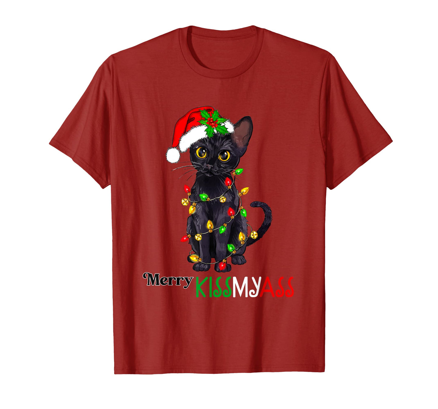 Funny Black Cat Merry Kissmyass Xmas Pajamas Chritsmas T-Shirt for Men Women