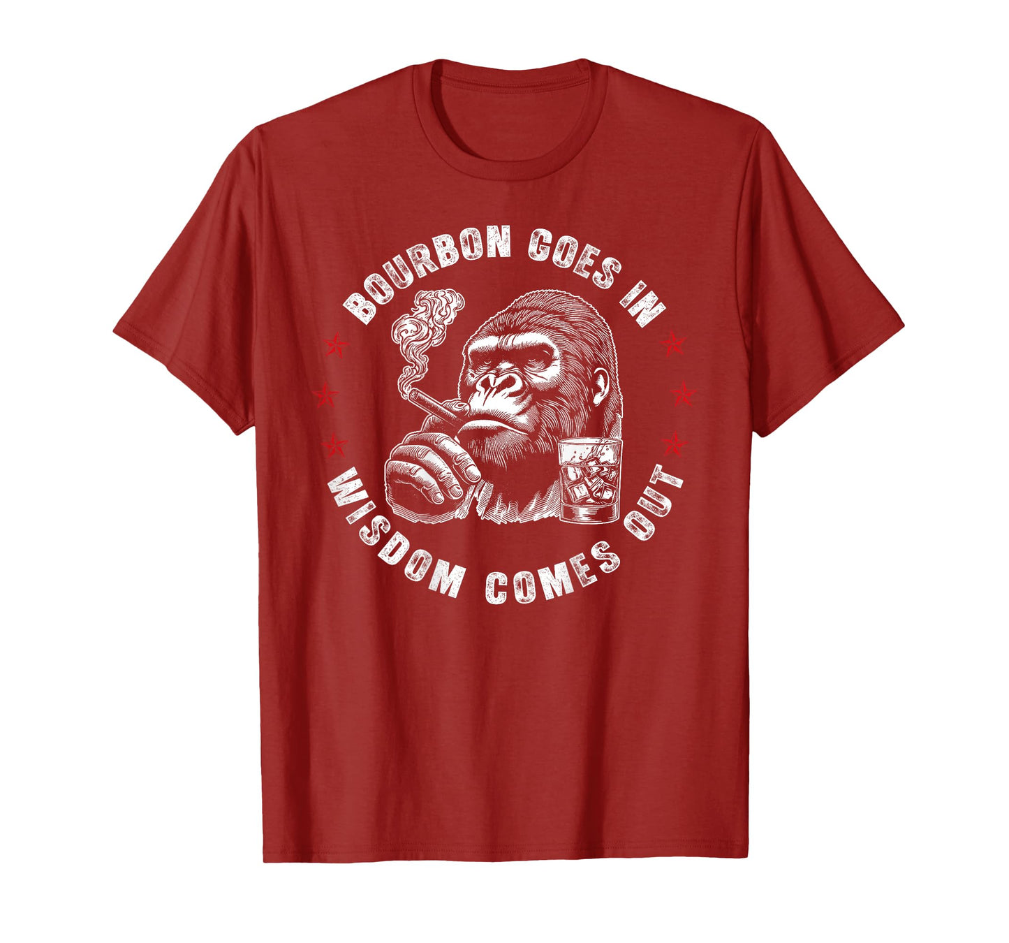 Bourbon Goes in Wisdom Comes Out Monkey Whiskey (ON Back) T-Shirt
