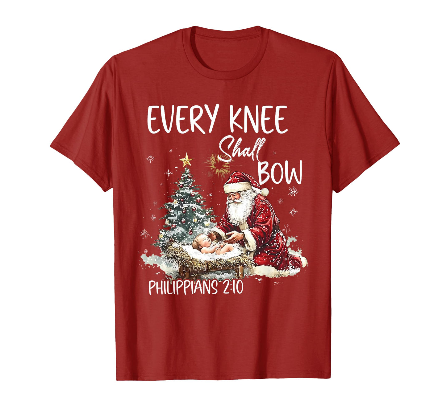 Vintage Every Knee Shall Bow Santa Clause Religious Xmas T-Shirt