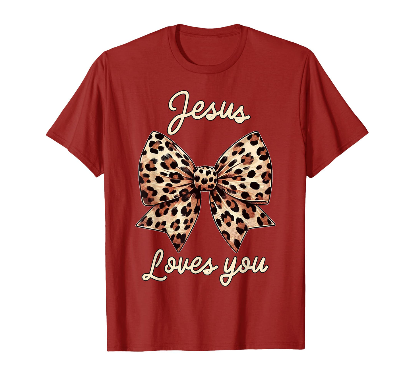 Cute Christian Design Leopard Coquette Bow Jesus Loves You T-Shirt