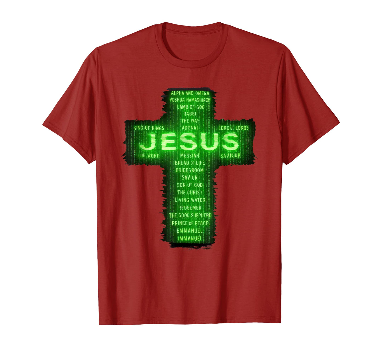 Christian Names of Jesus Cross Striking Digital Falling Code T-Shirt