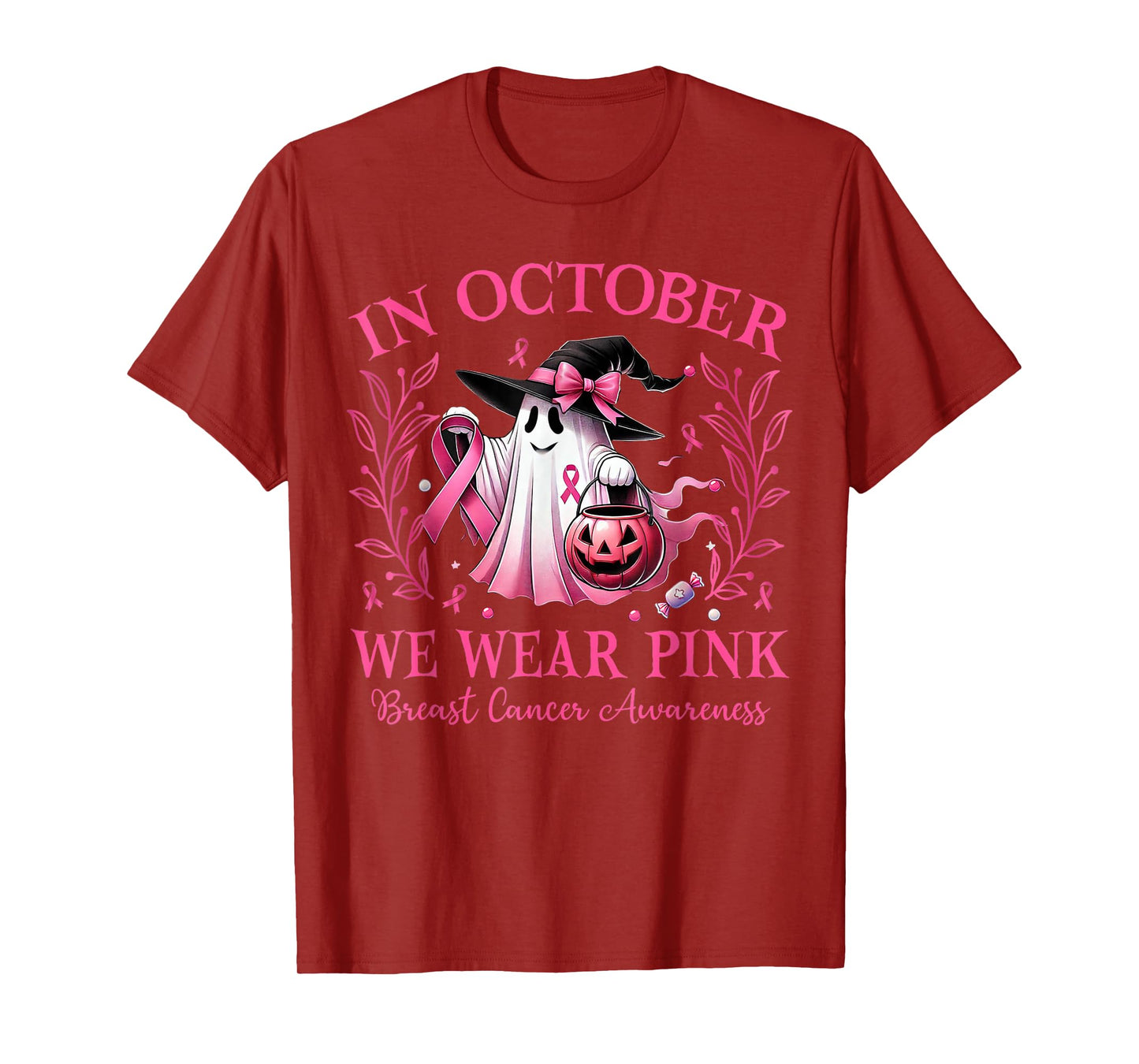 in October We Wear Pink Ghost Witch Breast Cancer Awareness T-Shirt