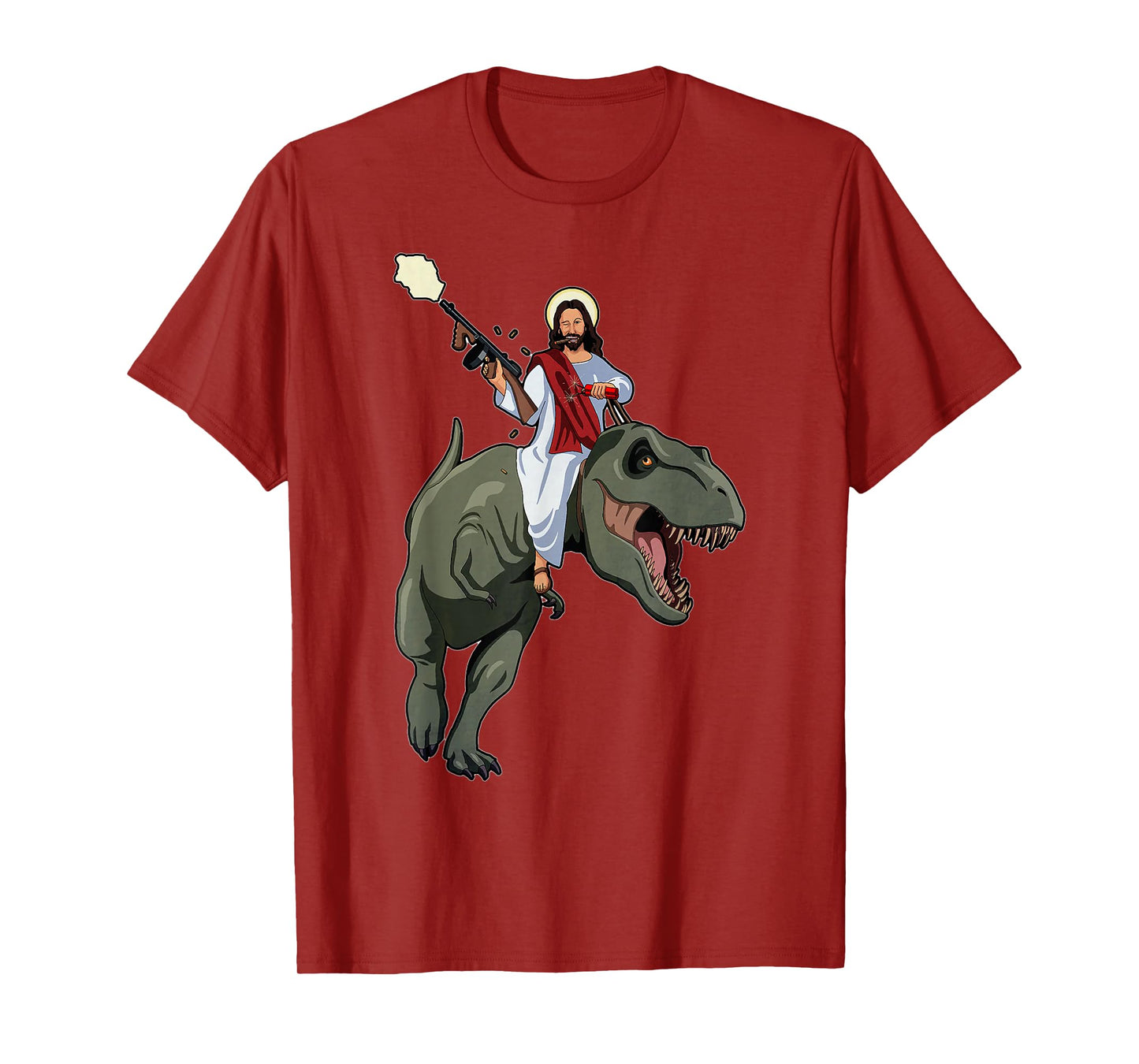 Gun Jesus Riding A T-rex Dinosaur Funny Christian Dino Lover T-Shirt