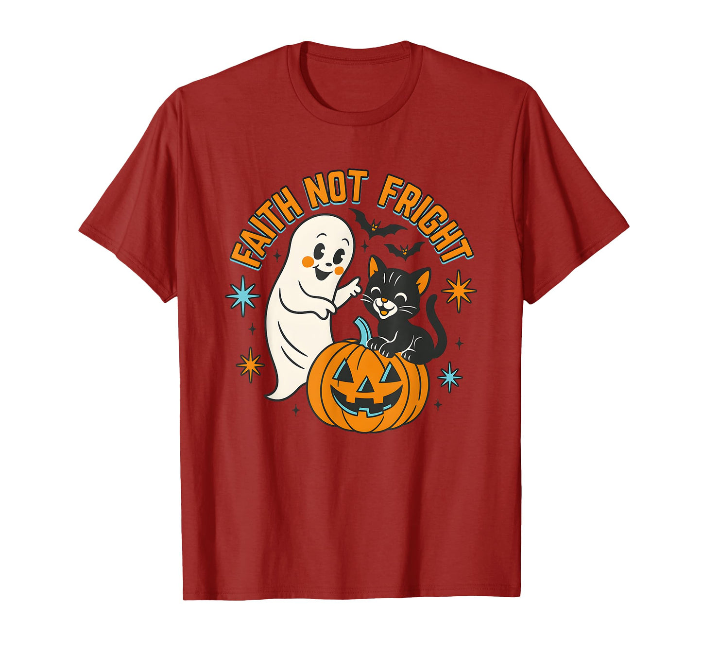 Ghost and Black Cat Faith Not Fright Halloween T-Shirt