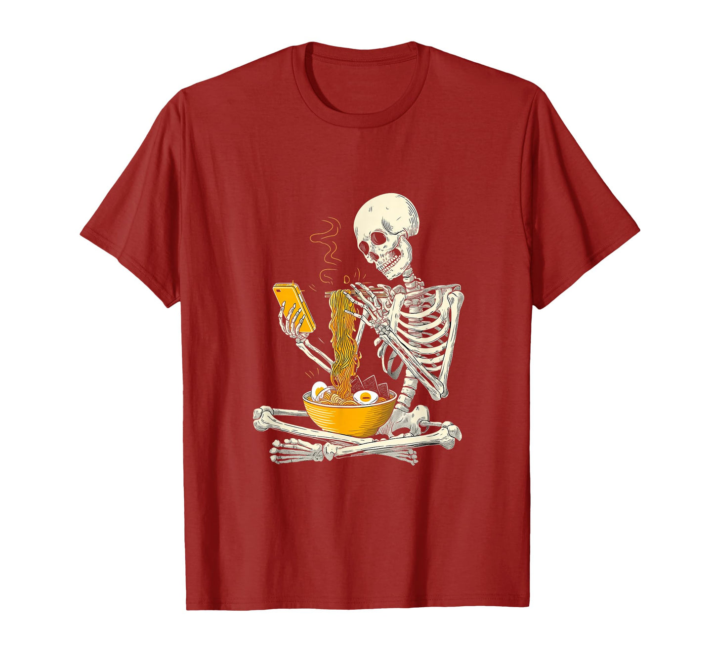 Funny Skeleton Eat Ramen Noodles Scroll Phone Halloween T-Shirt