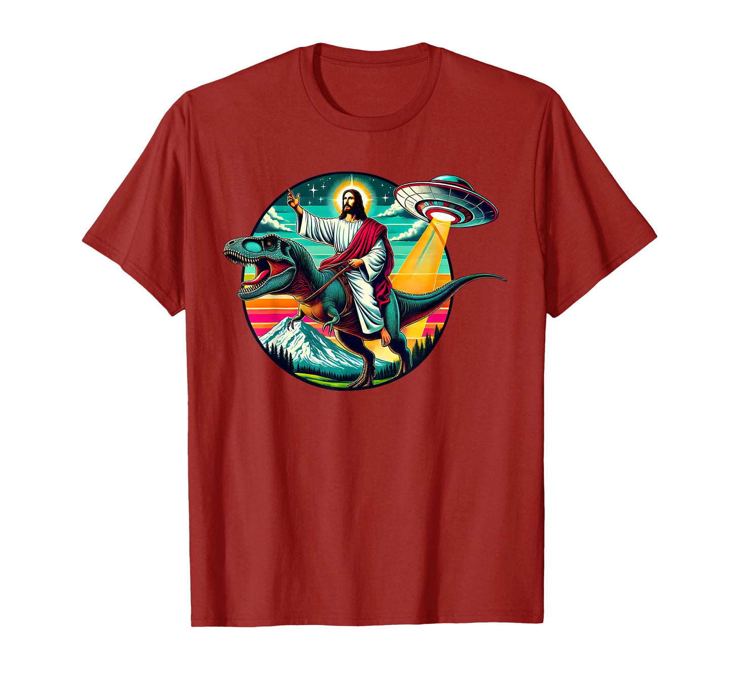 Jesus Riding Dinosaur UFO Alien Cross Religious Retro God T-Shirt