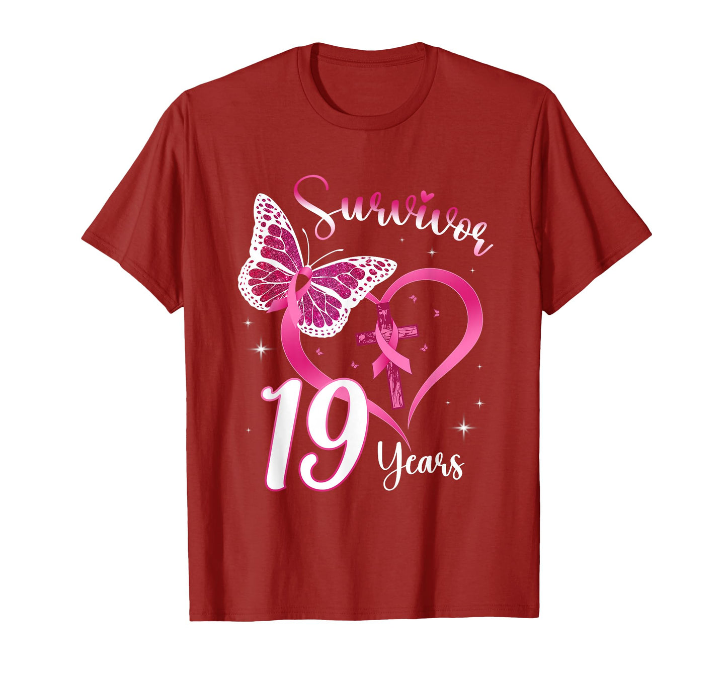 Breast Cancer Survivor Pink Ribbon Butterfly 19 Years Gift T-Shirt