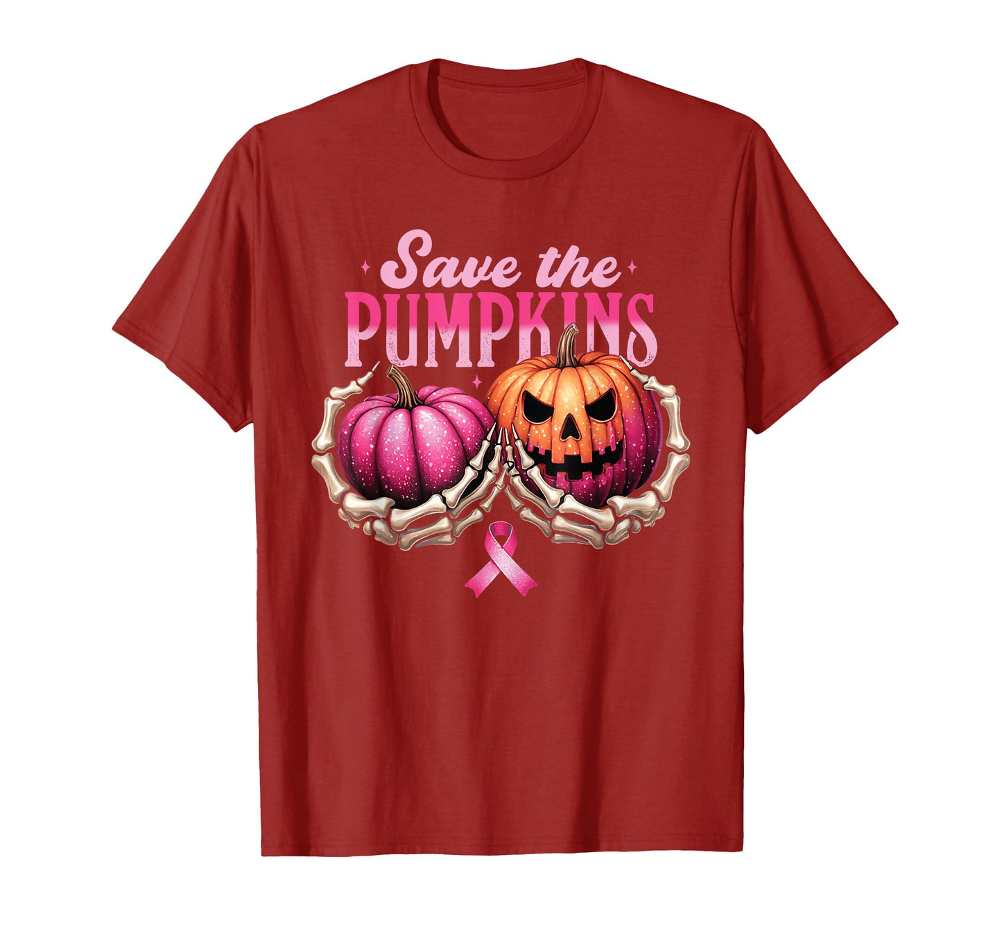 Save The Pumpkins Skeleton Hand Hold Breast Cancer Halloween T-Shirt
