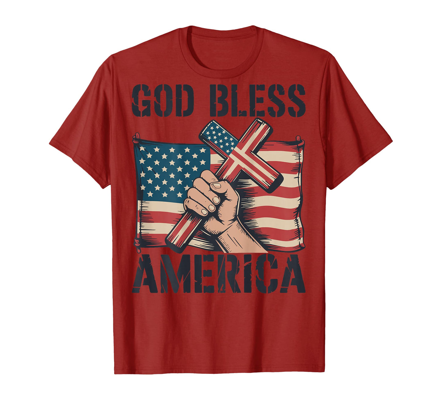 Mens God Bless American Flag Christian Patriotic Cross Jesus T-Shirt