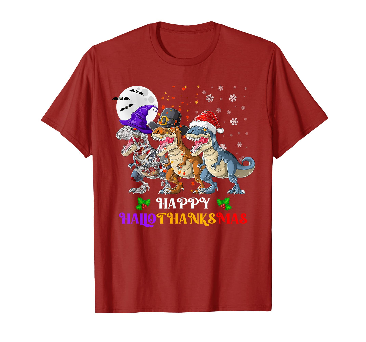 Happy Hallothanksmas Dinosaur Halloween Thanksgiving Xmas T-Shirt