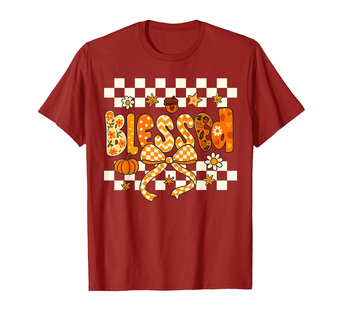 Blessed Checkerboard Pumpkin Autumn Christian Fall Thankful T-Shirt