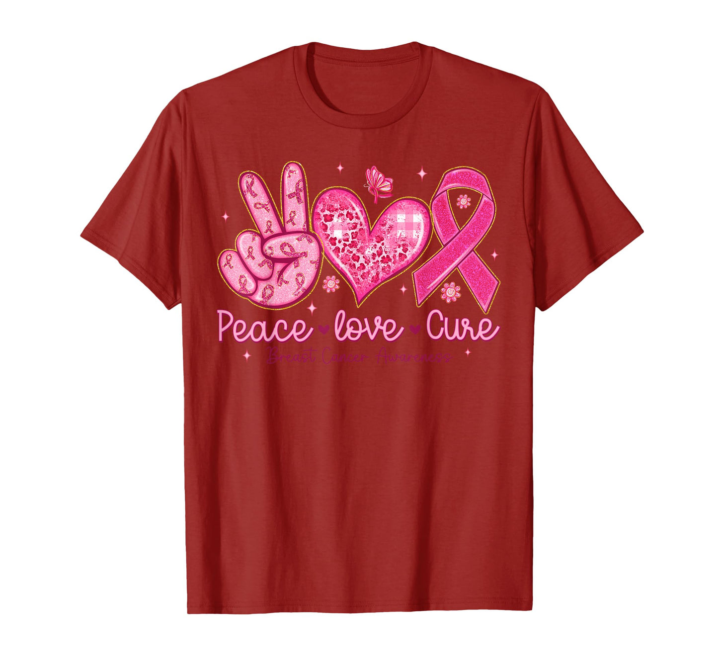 Breast Cancer Awareness Pink Ribbon Peace Love Cure Faith T-Shirt