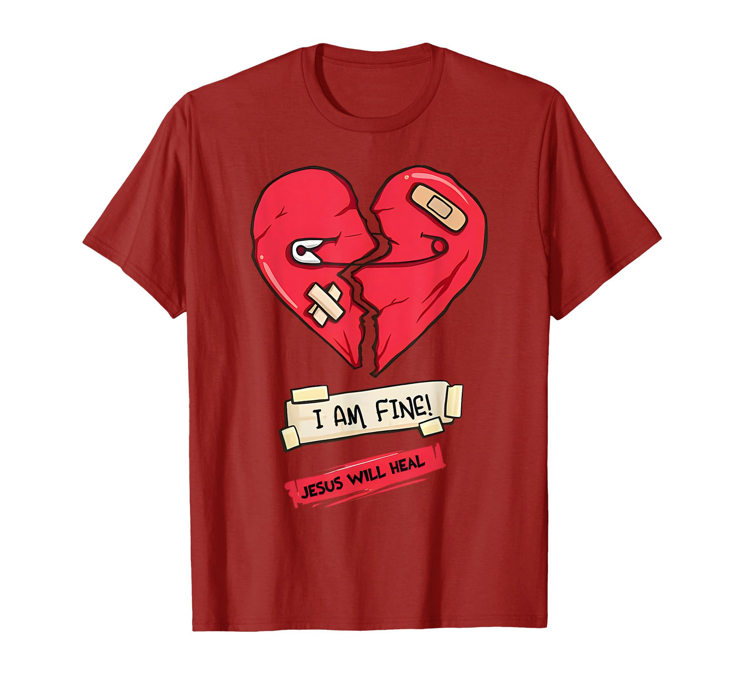 i am fine jesus will heal safety pin broken heart bandaids T-Shirt