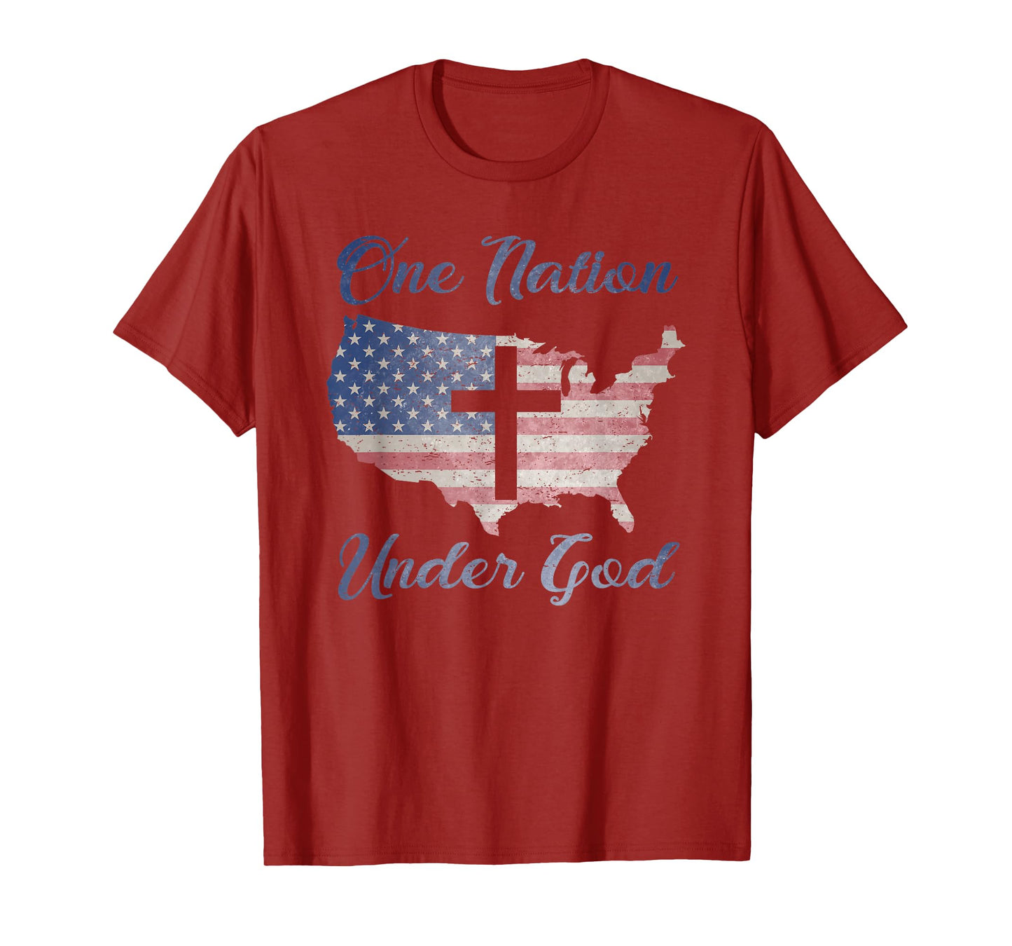 ONE NATION UNDER GOD Christian Cross American Flag USA Map T-Shirt
