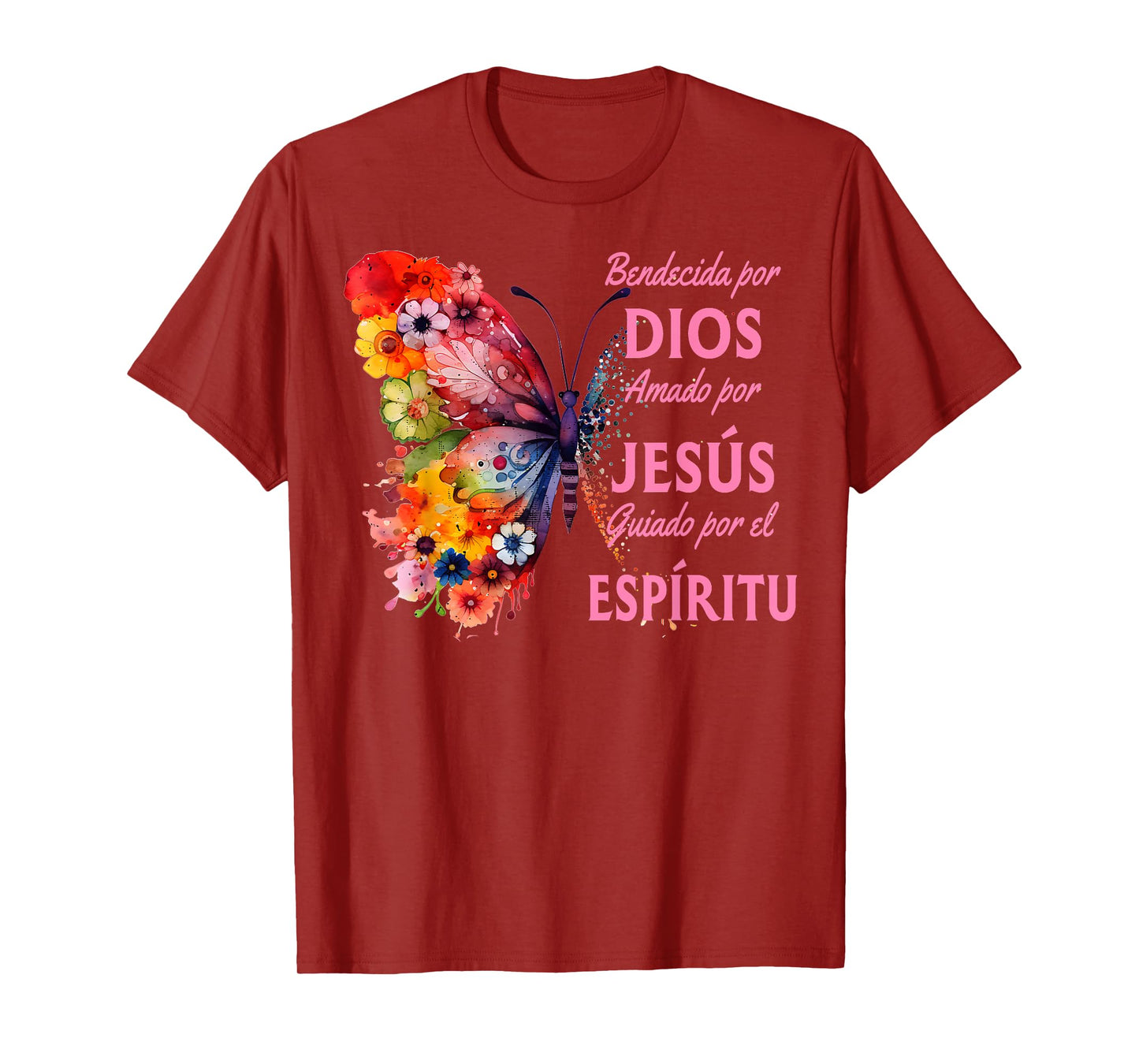 Blessed By God Loved By Jesus Butterfly In Spanish T-Shirt