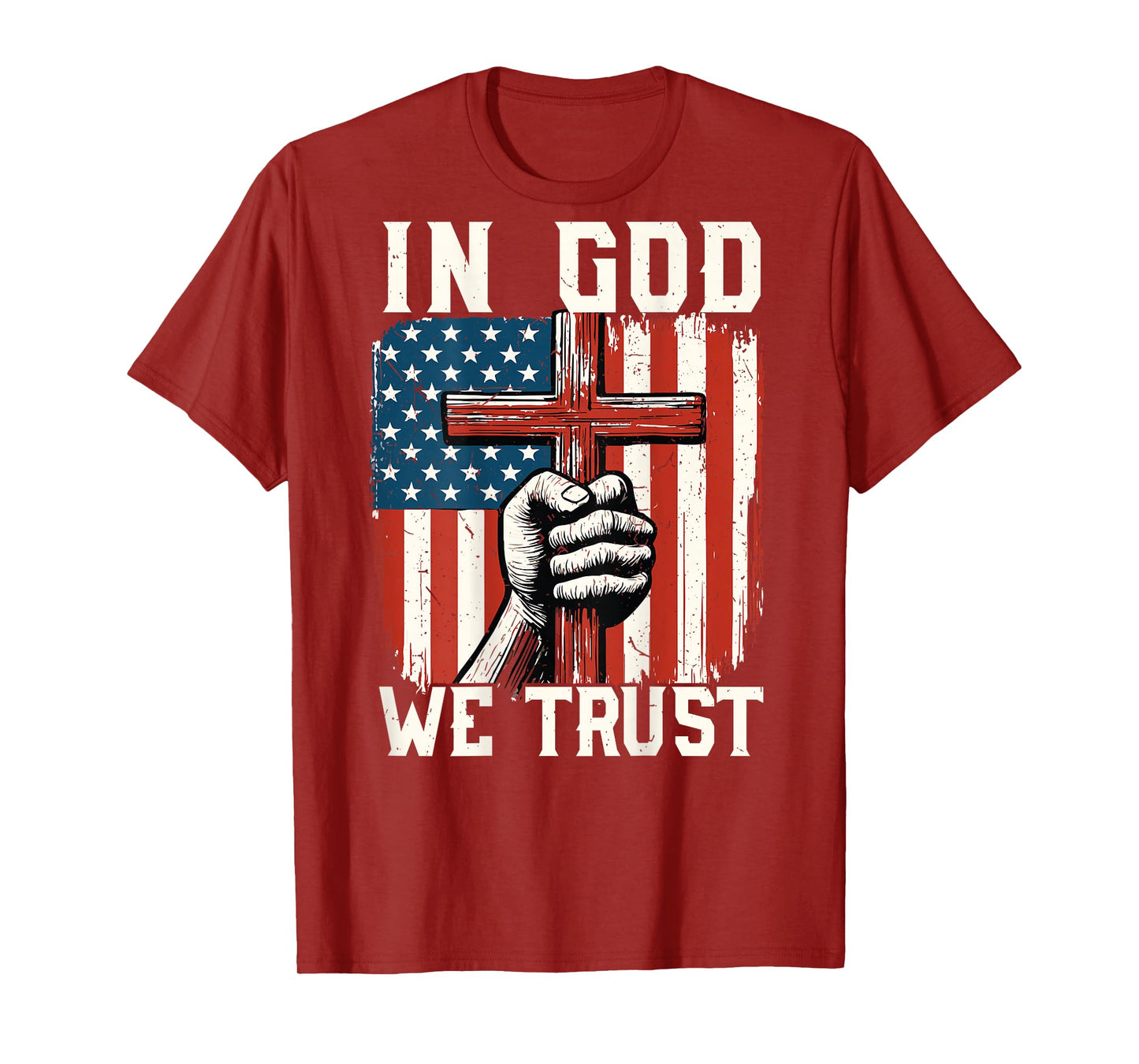 On-Back in God We Trust Patriotic Christian Cross USA Flag T-Shirt