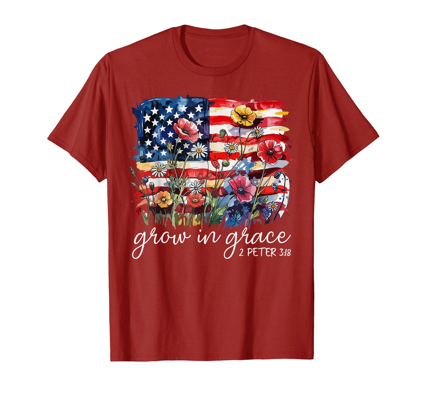 USA Flag Wildflower Grow In Grace Religious Faith Christ T-Shirt