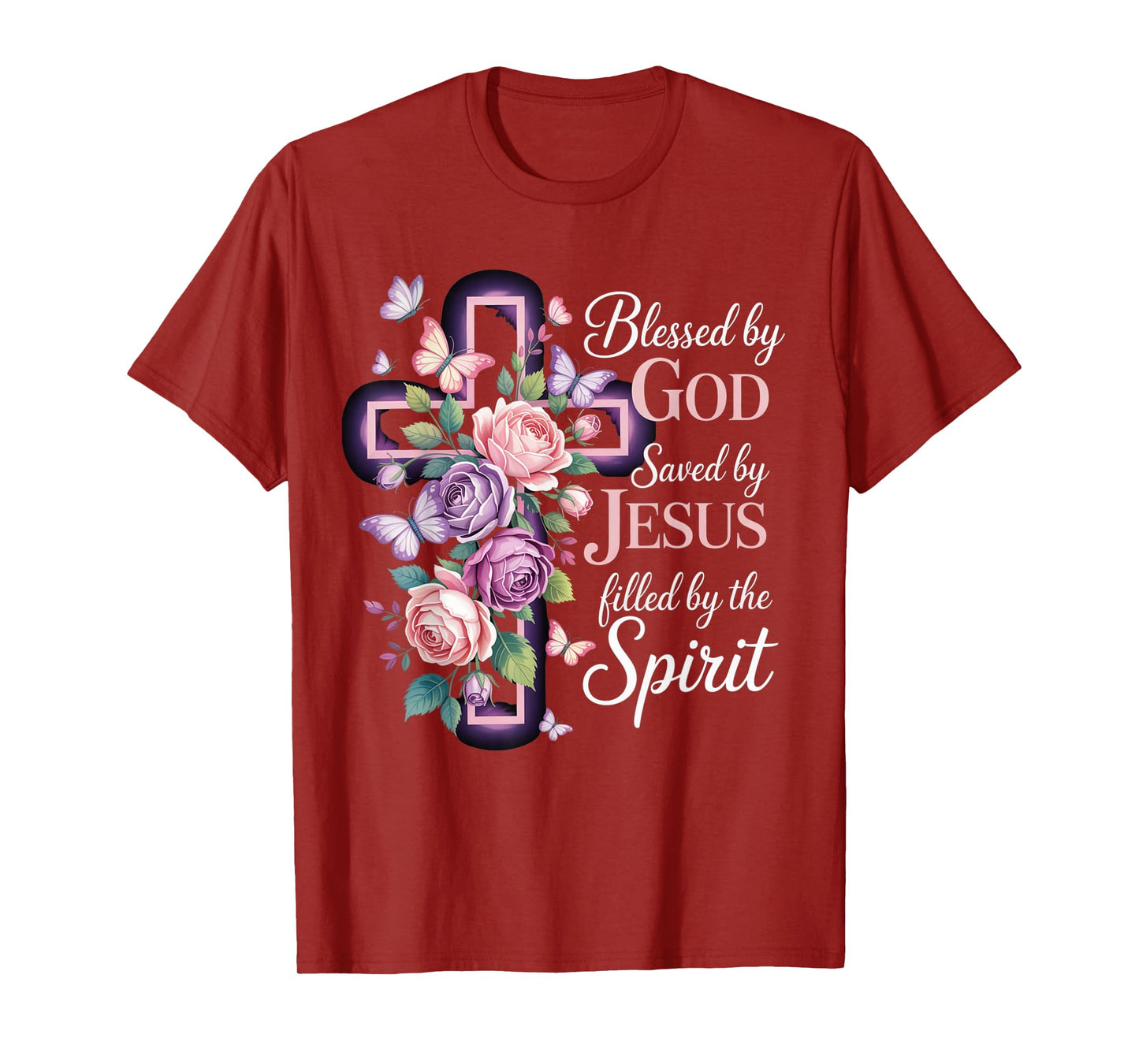 Blessed by God Saved by Jesus Purple Floral Cross Christian T-Shirt