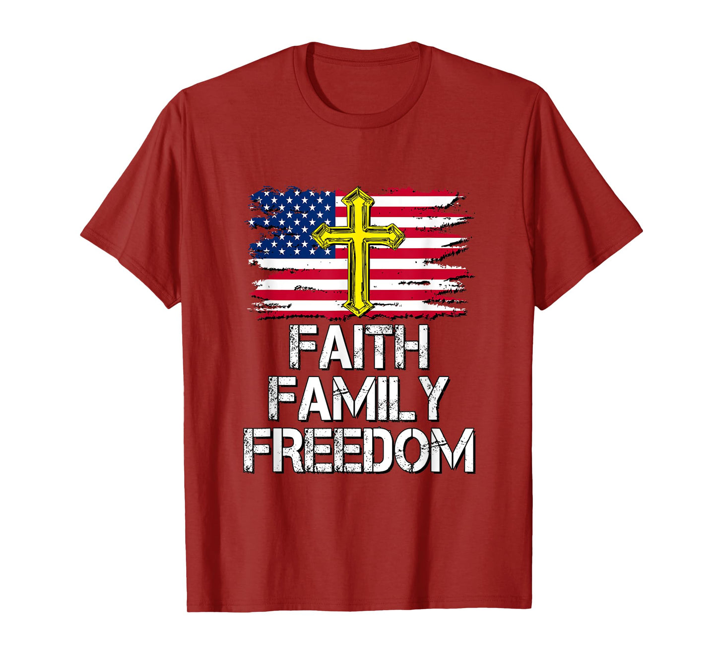 Faith Family Freedom - American Flag and Cross - Distressed T-Shirt for Women Kids Men