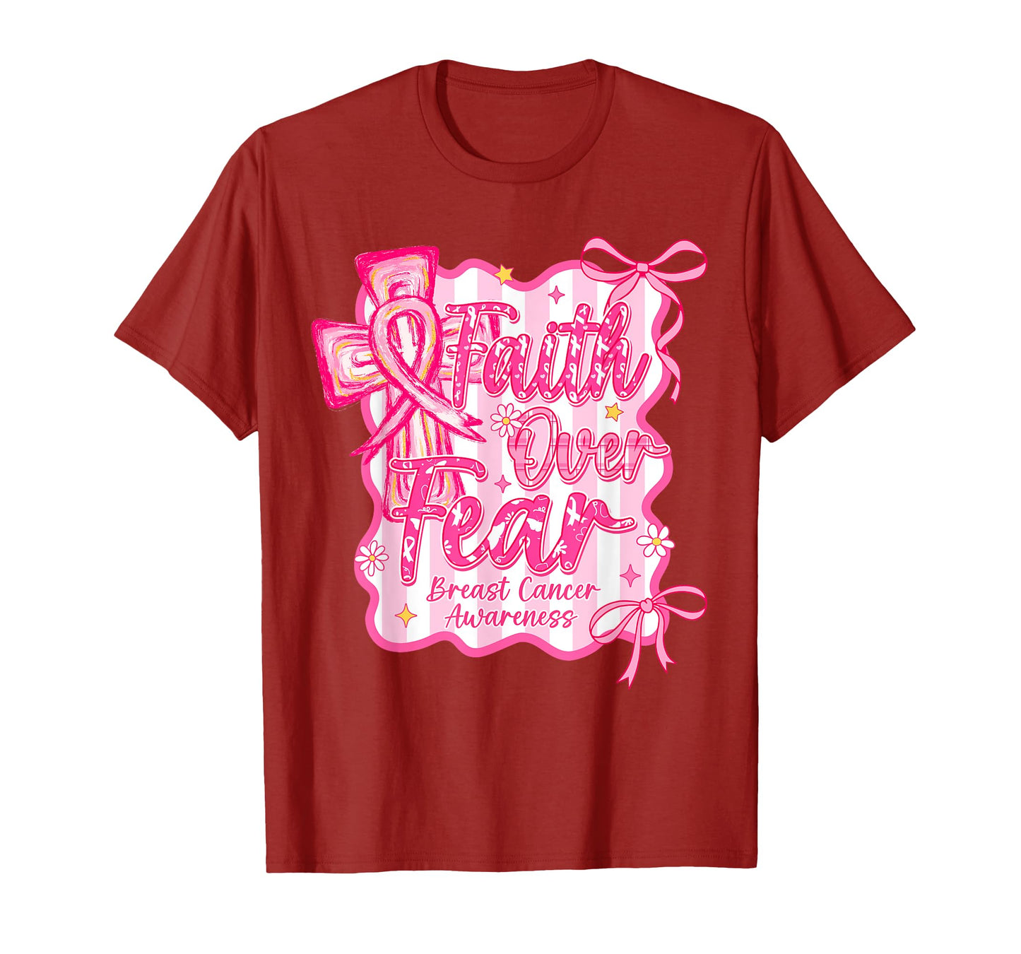 Faith Over Fear Cross Pink Ribbon Christian Breast Cancer T-Shirt