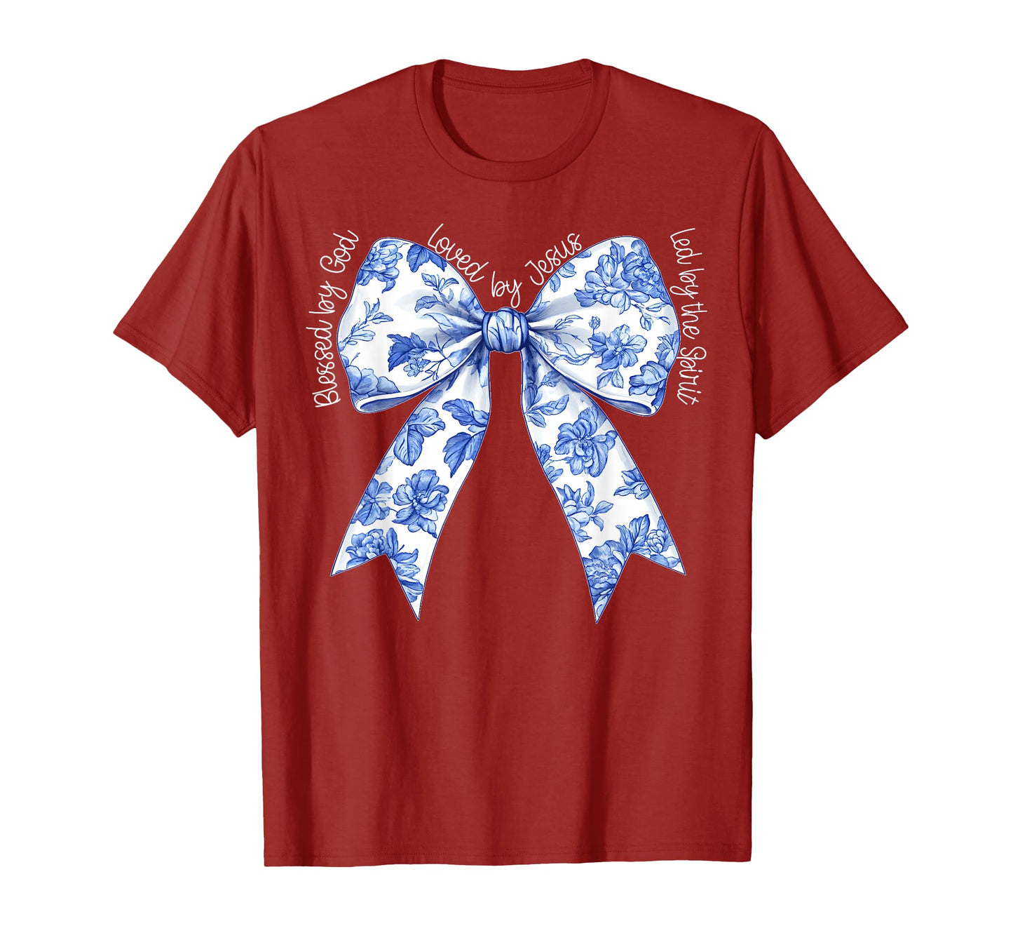 Blessed By God Loved By Jesus Blue Toile Coquette Bow T-Shirt