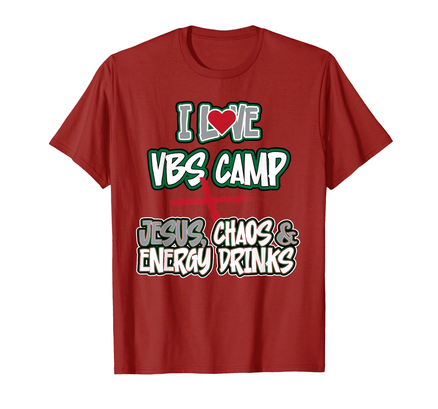 Funny Sarcastic I Love VBS Camp Jesus Chaos & Energy Drinks T-Shirt