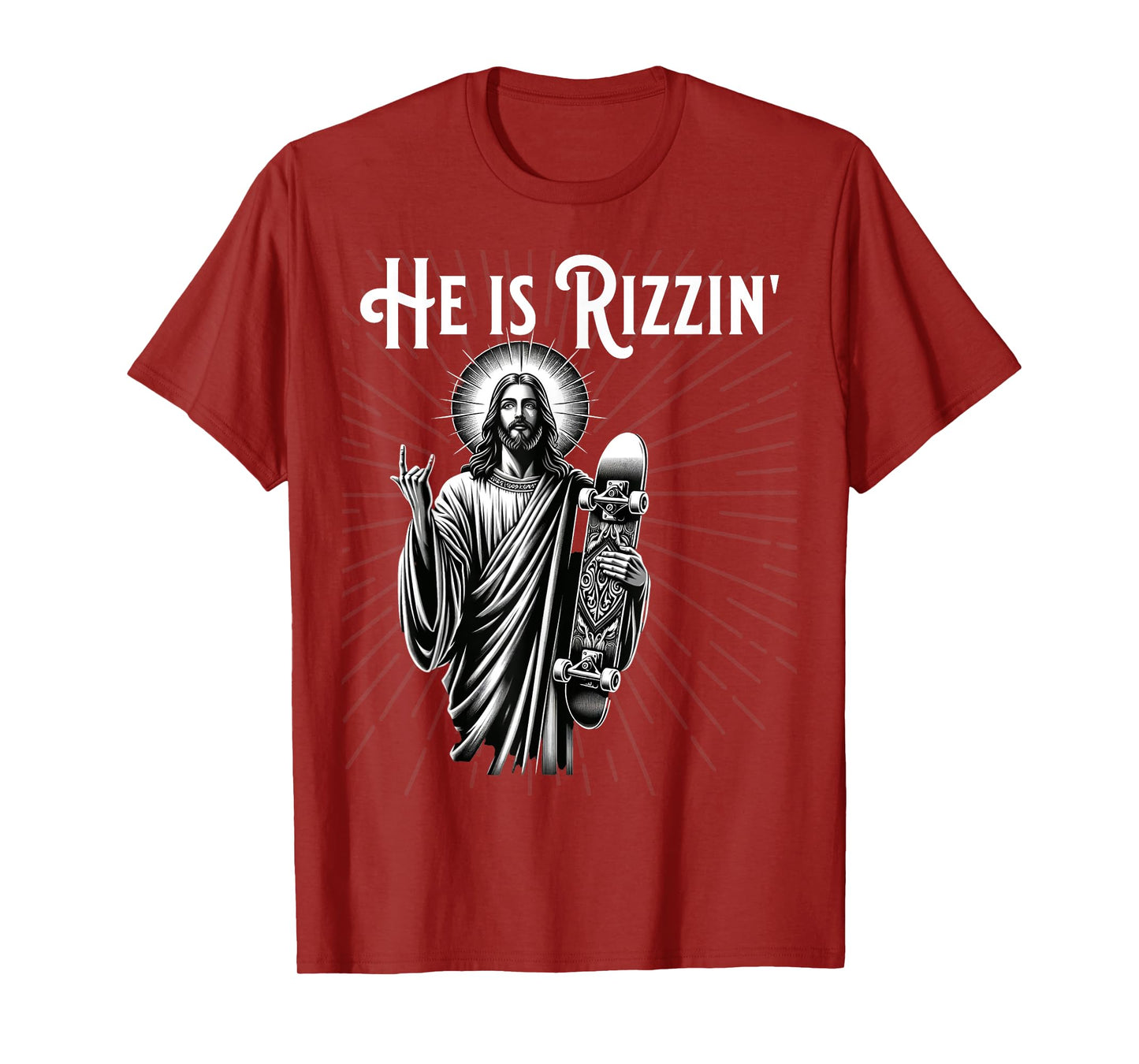 Rizzen Rocker He is Rizzin Funny Jesus Riding Skateboard T-Shirt