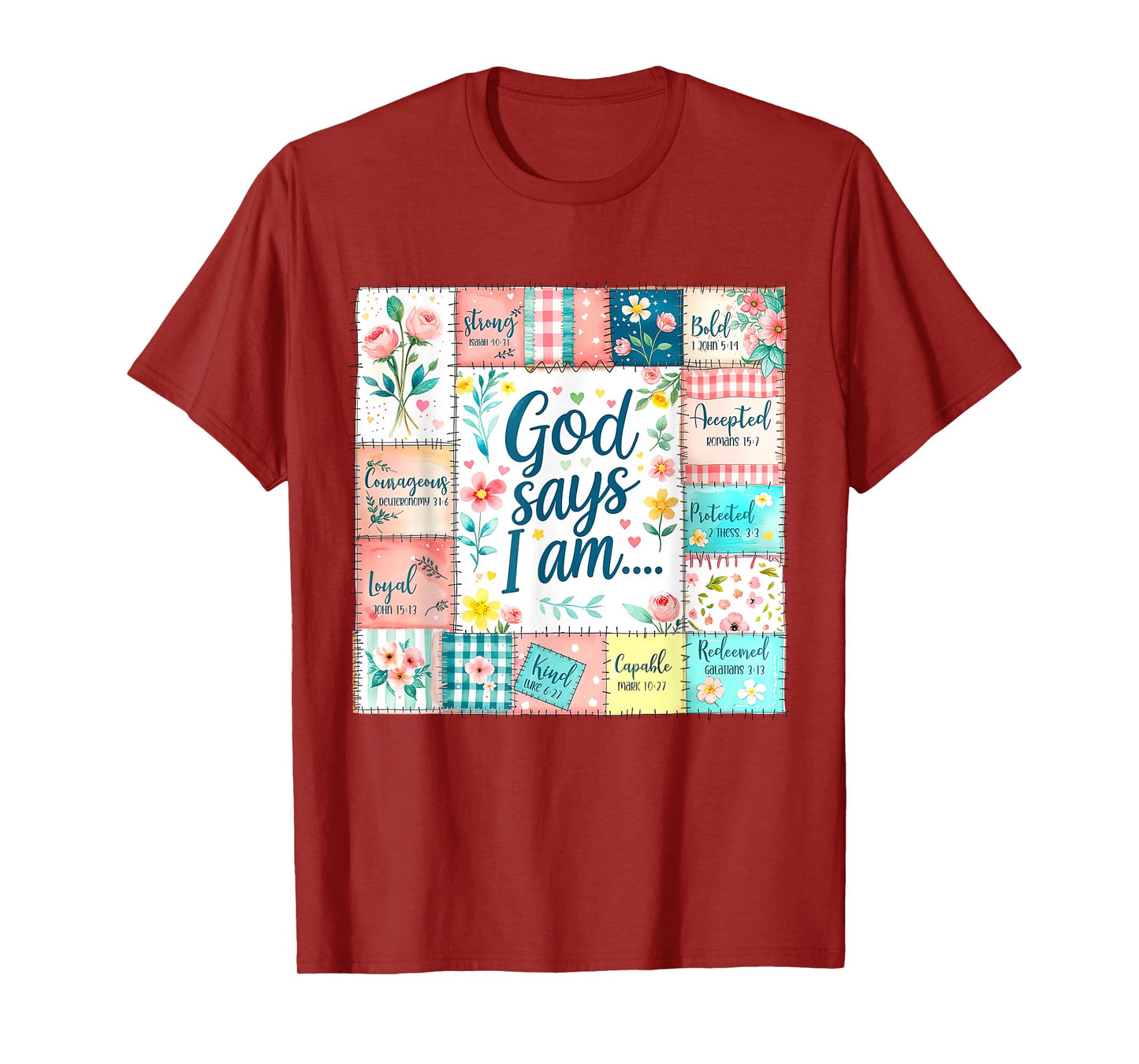 God Says I Am Christian Faith Vintage Floral Patchwork Quilt T-Shirt