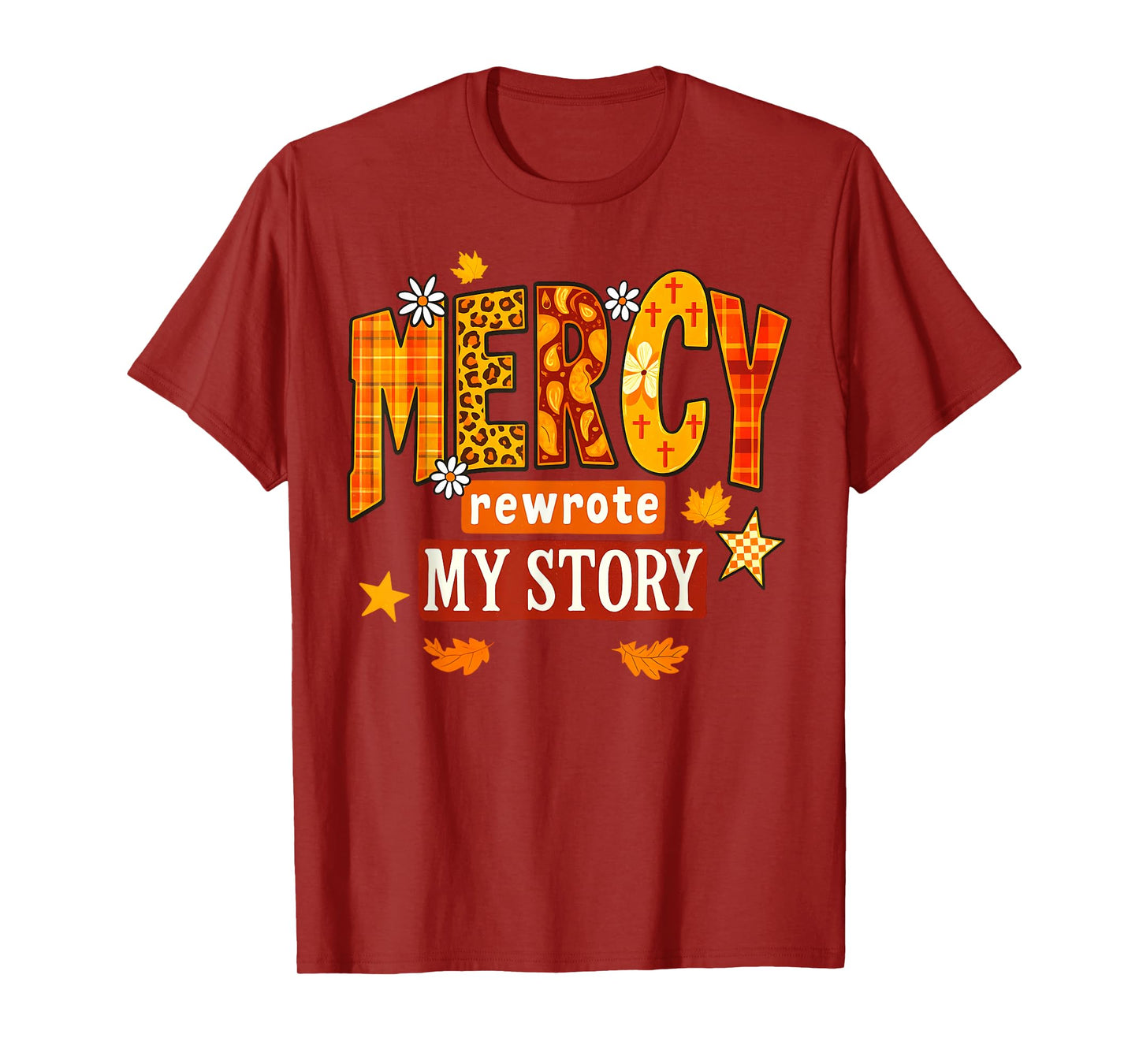 Mercy Rewrote My Story Fall Christian Leopard Autumn Women T-Shirt