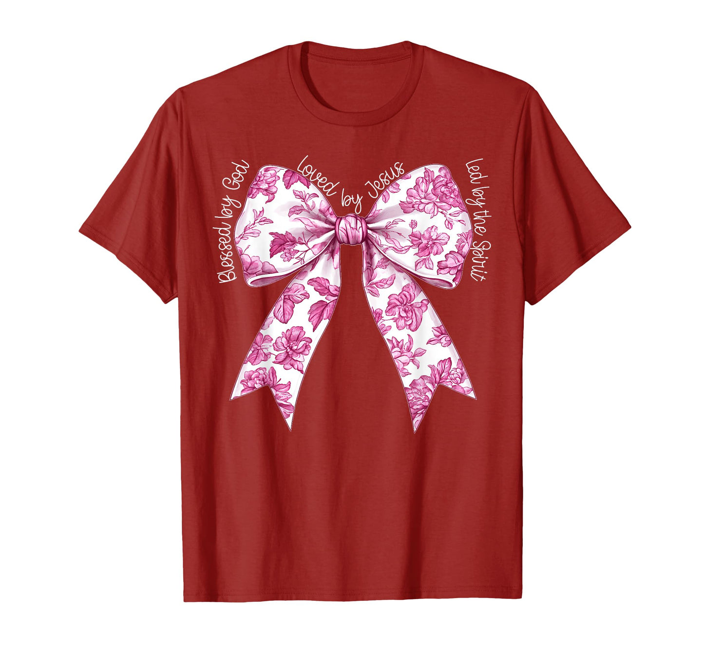 Blessed By God Loved By Jesus Pink Toile Coquette Bow T-Shirt