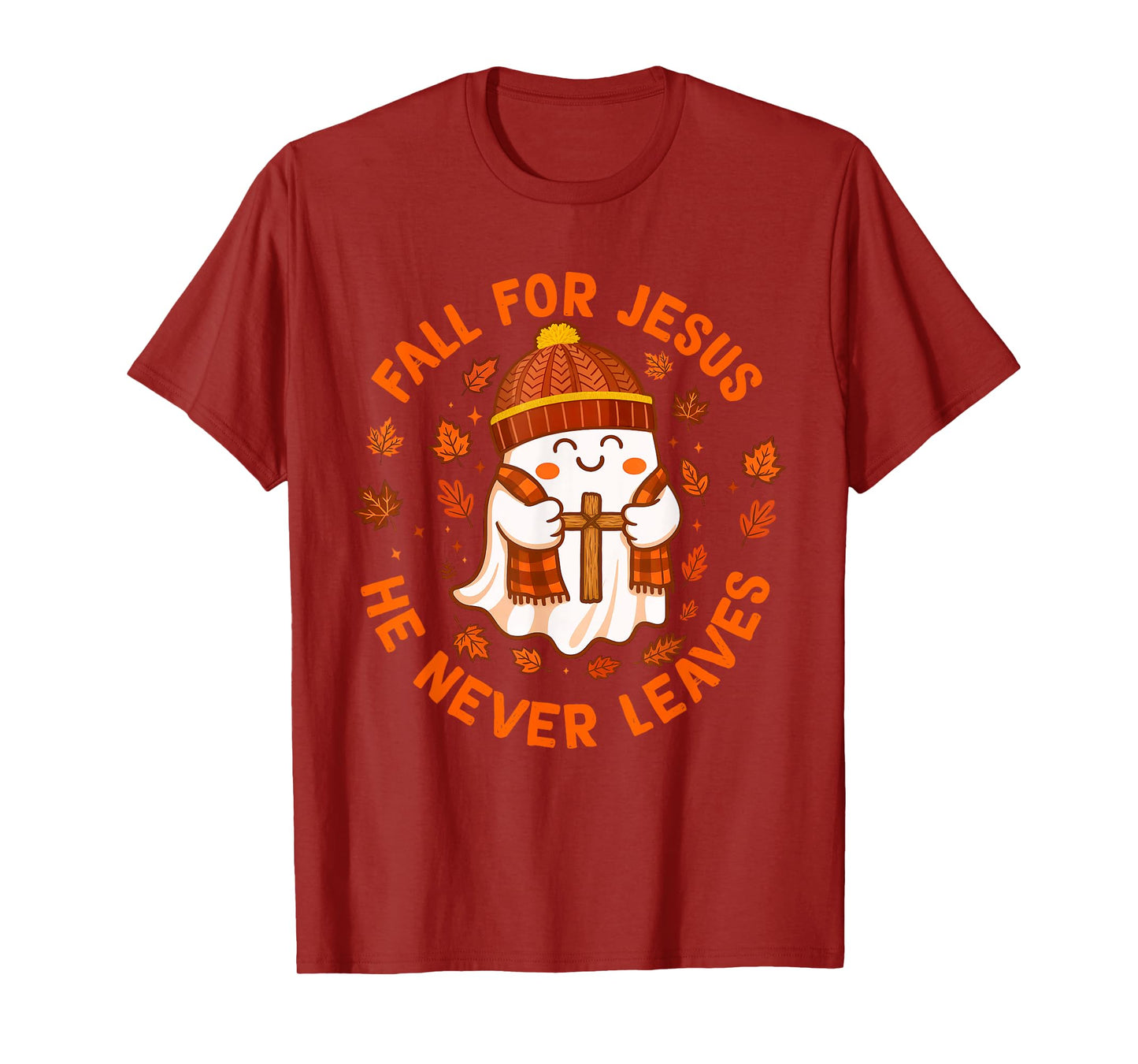 Fall for Jesus He Never Leaves Christian Ghost Halloween T-Shirt