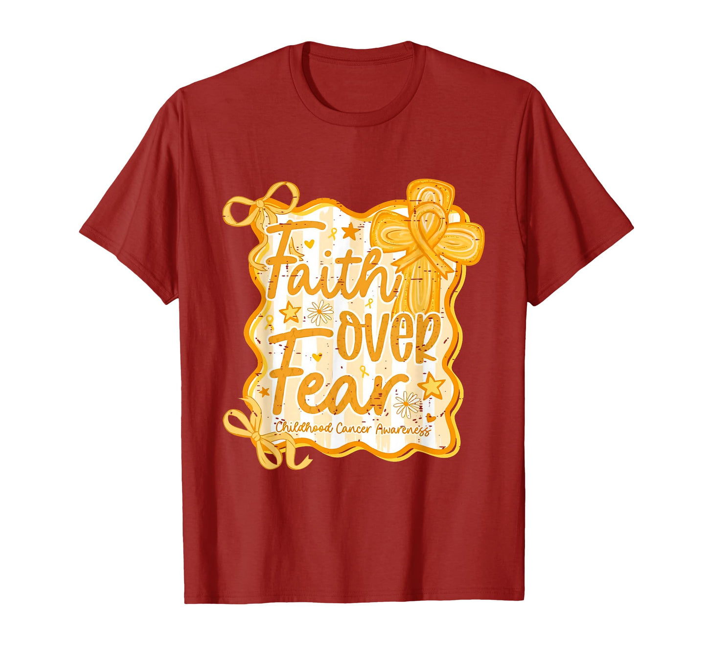 Faith Over Fear Childhood Cancer Awareness Gold Ribbon Bow T-Shirt