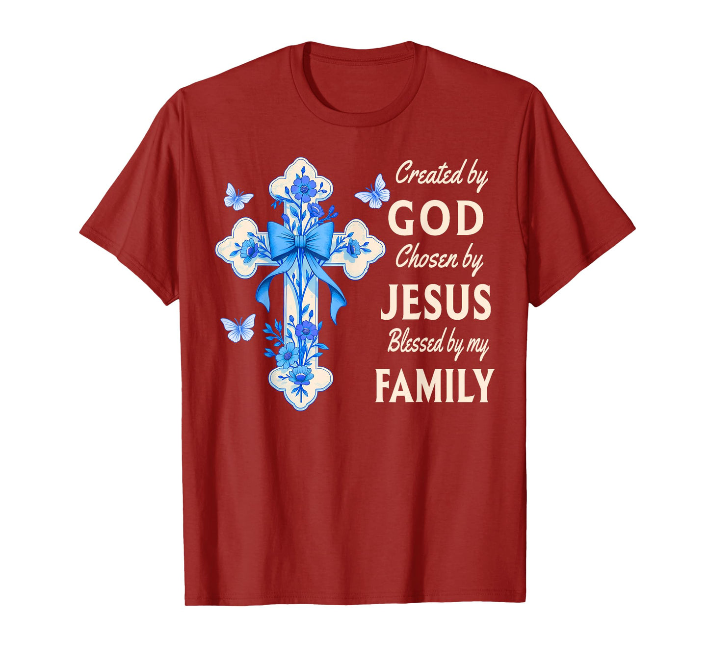 Created By God Blessed By Family Blue Toile Floral Cross T-Shirt