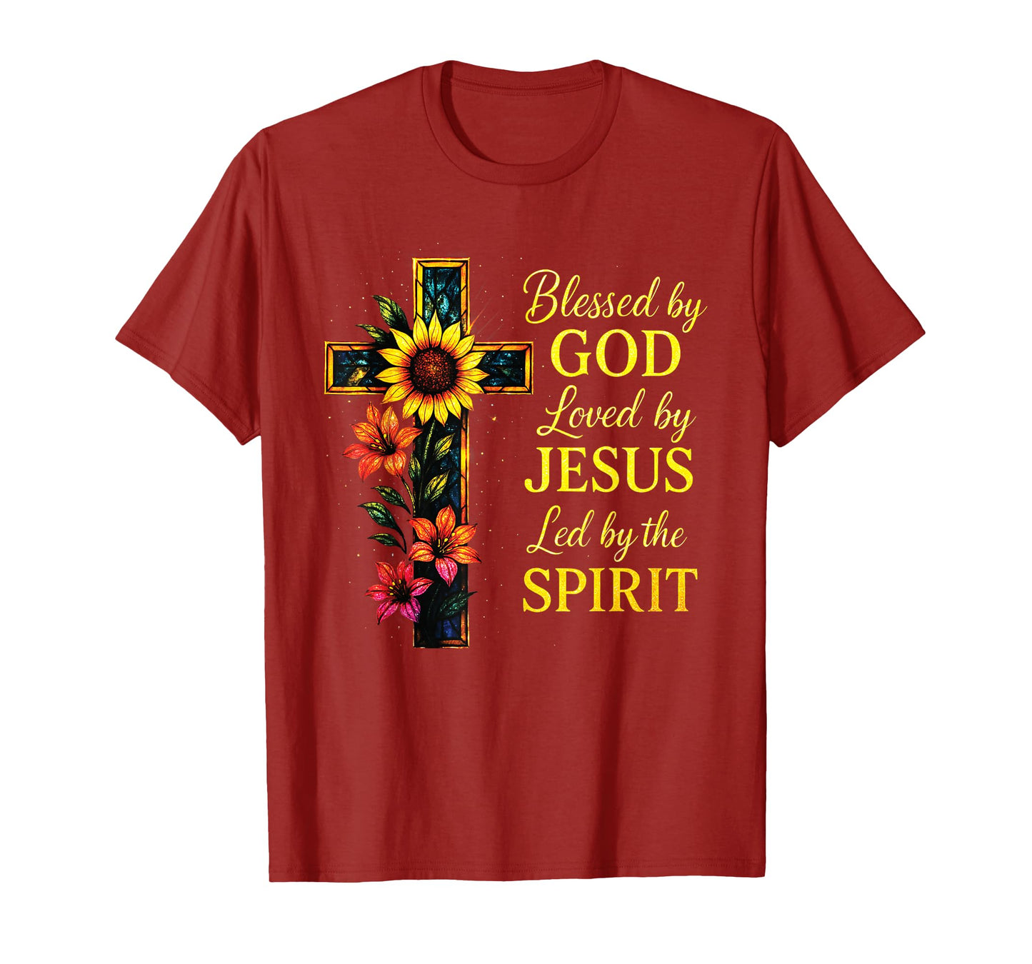 Blessed by God Loved by Jesus Stained Glass Cross T-Shirt
