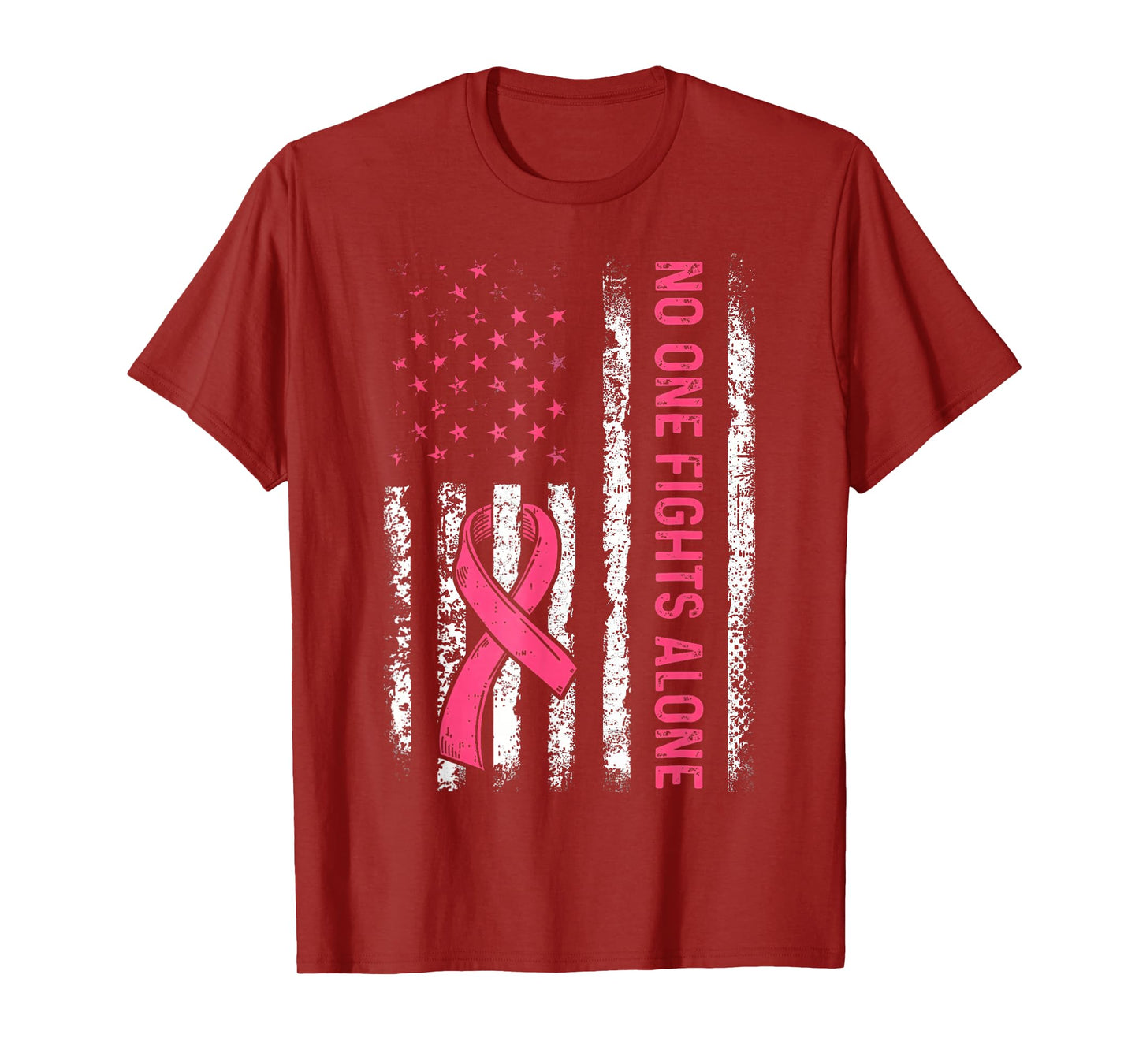 No One Fights Breast Cancer Alone American Flag Pink Ribbon T-Shirt