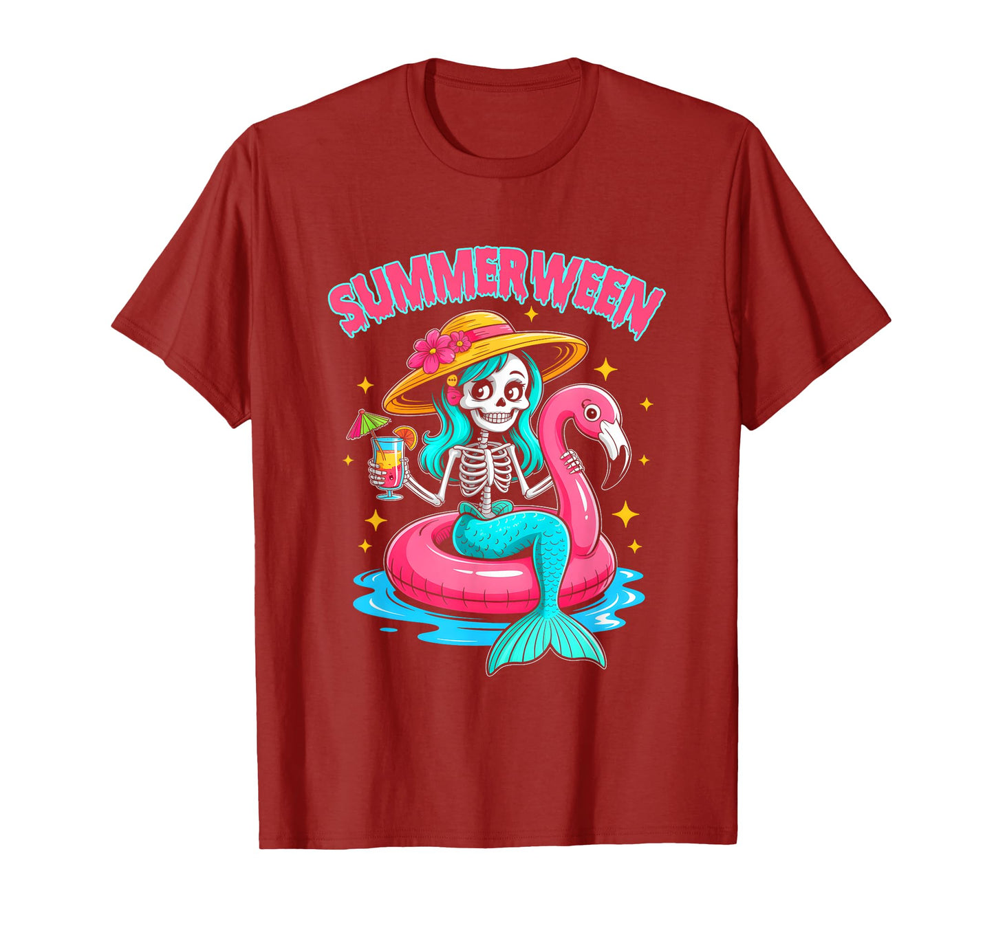 Summerween Mermaid Skeleton Halloween Flamingo Summer Vacay T-Shirt
