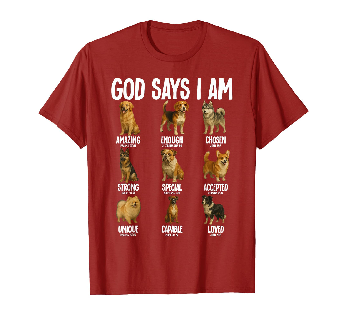 God Says I Am Dog Breeds Christianity Jesus Bible Men Women Kids T-Shirt