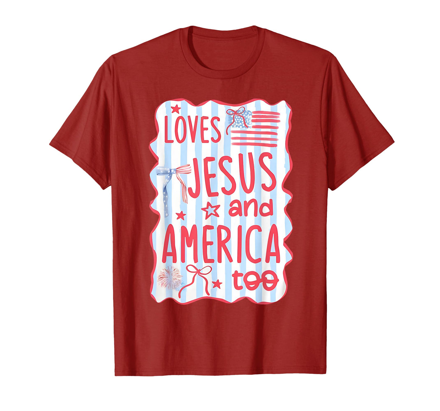 Coquette Bow Loves Jesus And America Too 4th Of July Womens T-Shirt
