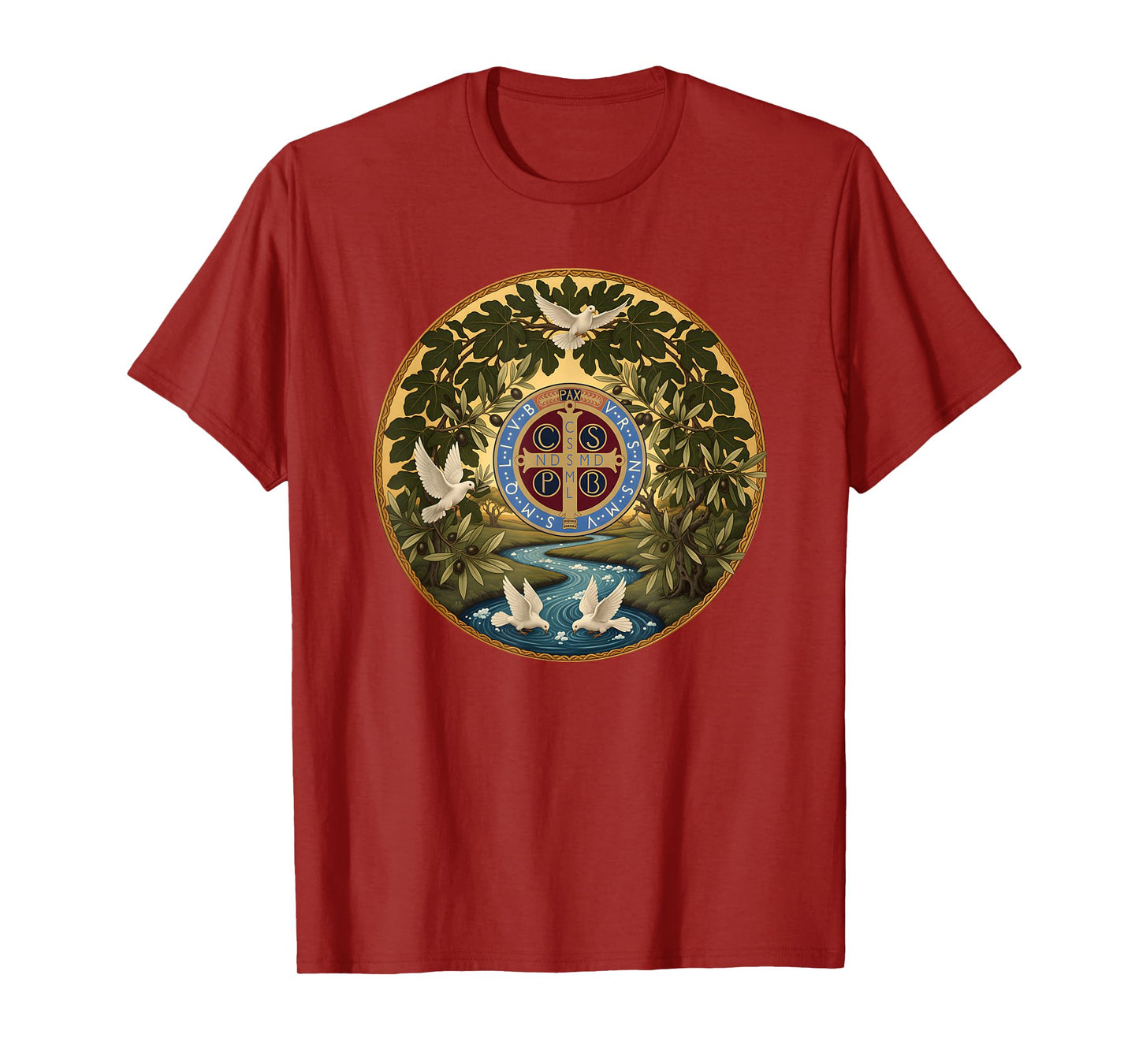 Sacred Saint Benedict Medal River Dove Fig Tree T-Shirt