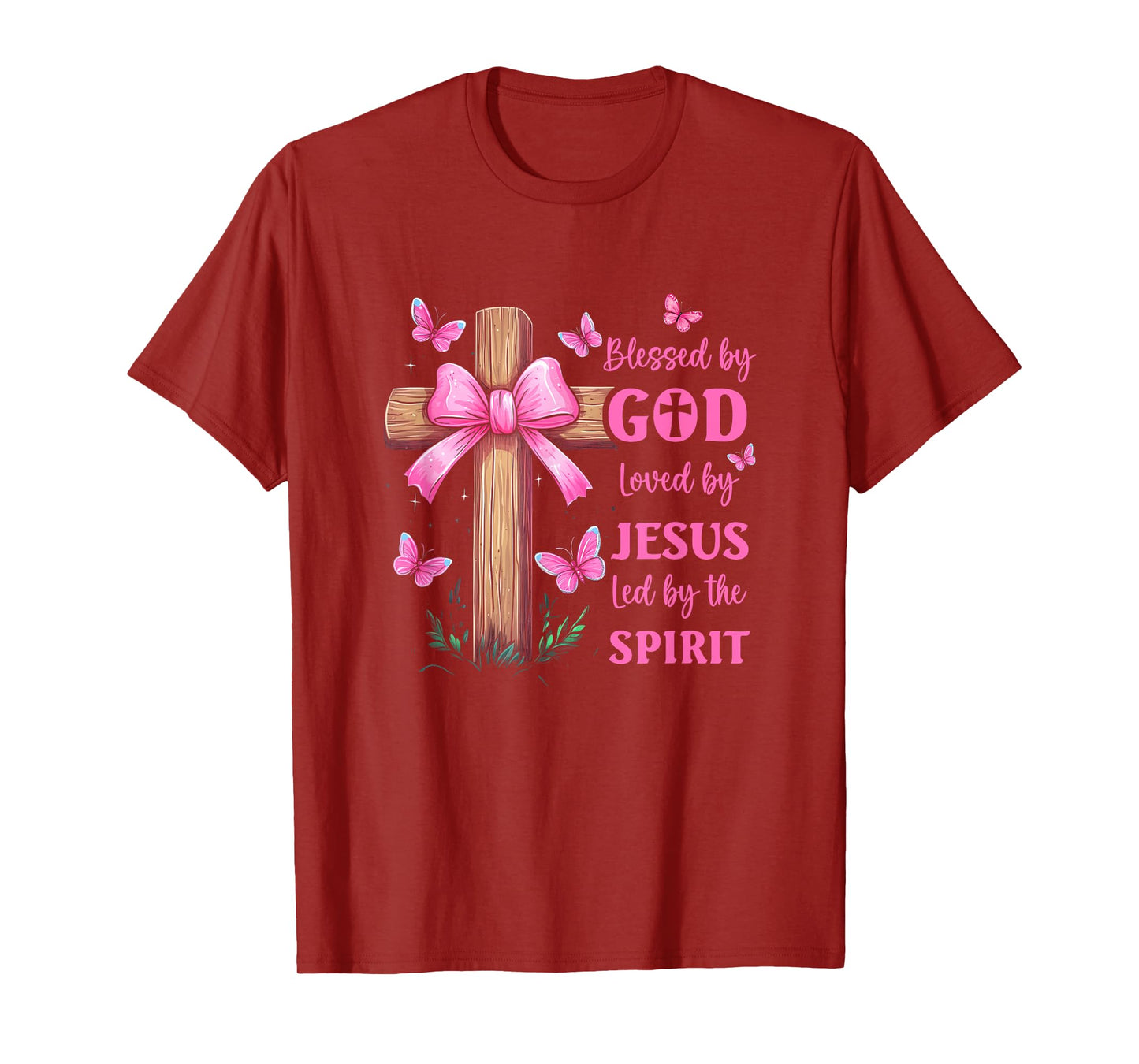 Blessed By God Loved By Jesus Pink Coquette Bow And Cross T-Shirt