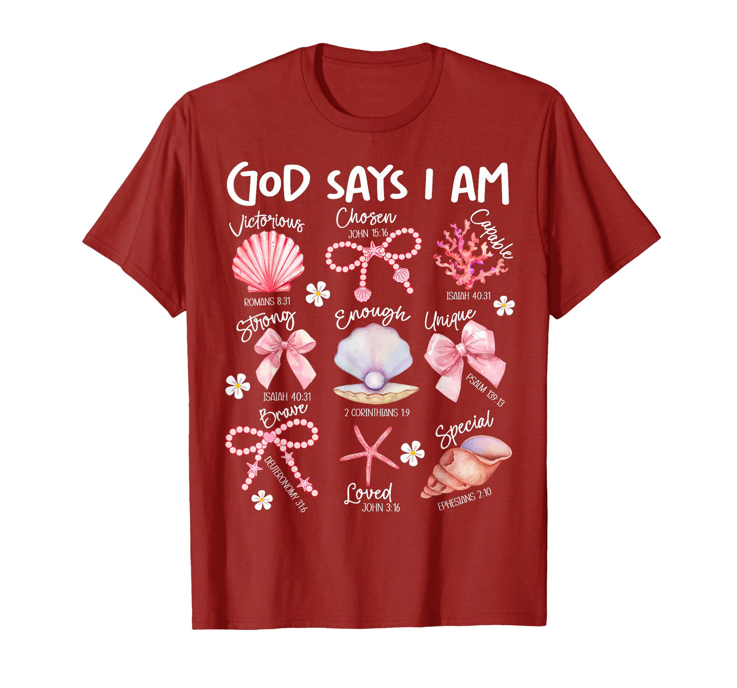 God Says I Am Christian Women Girls Kids Starfish Seashell T-Shirt