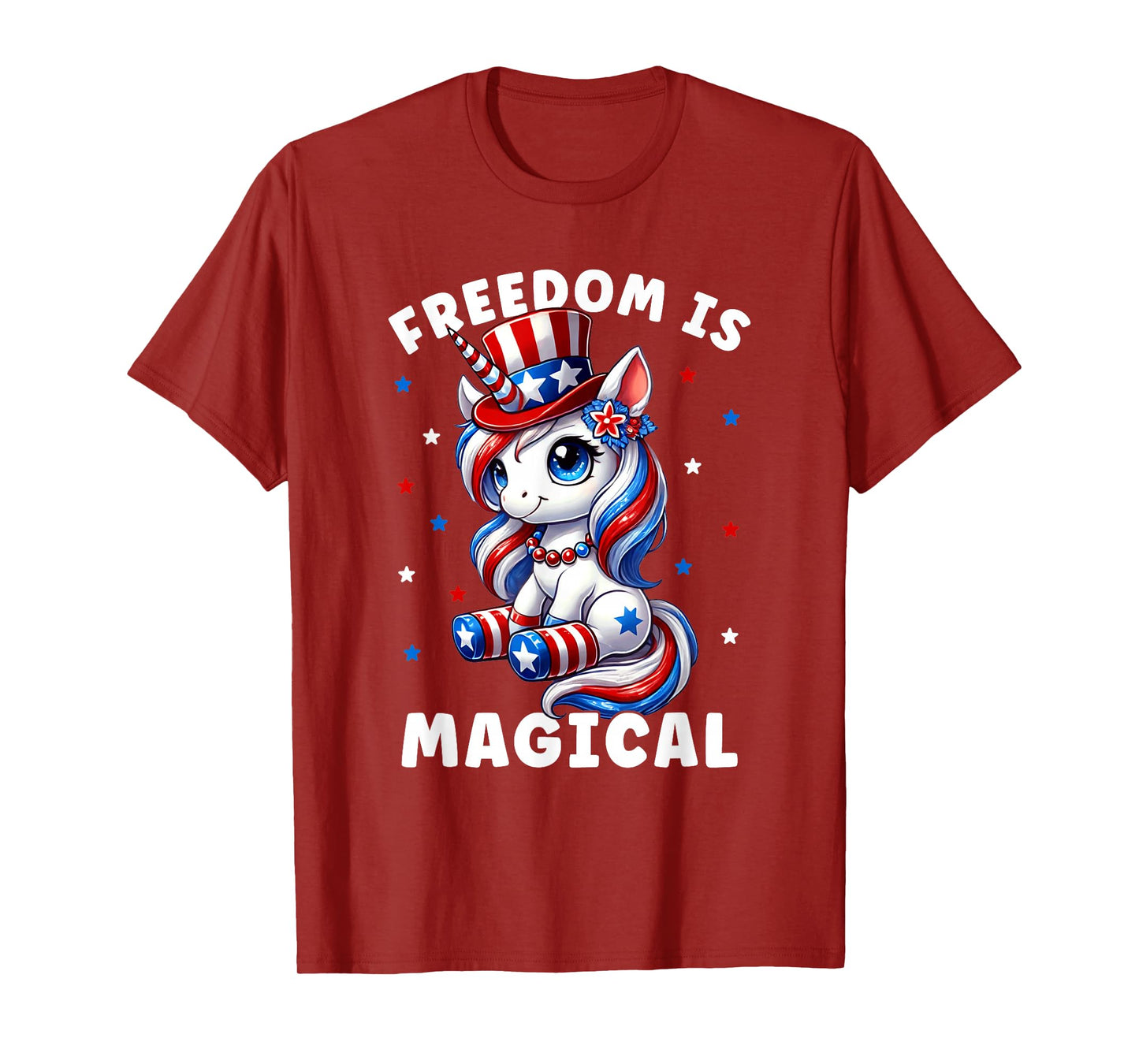 4th of July Freedom is Magical Unicorn Girls Women Patriotic T-Shirt