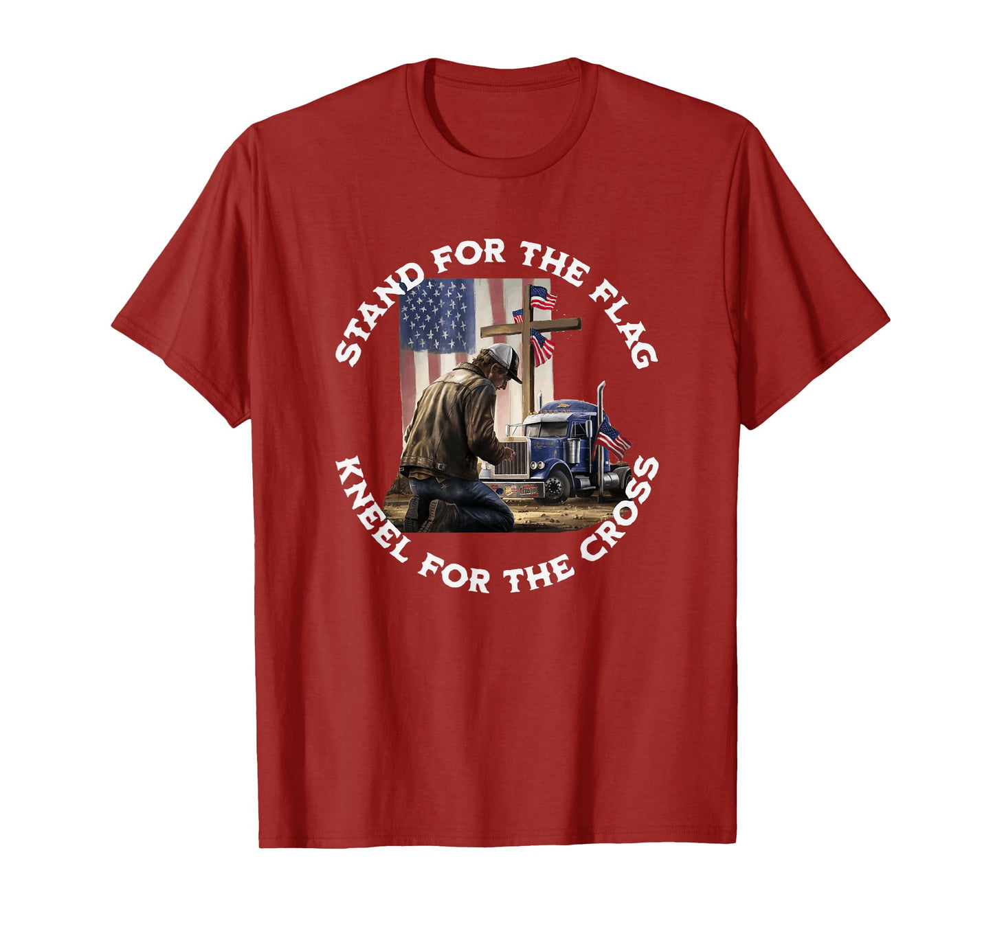 American Trucker Praying At The Cross & US Flag Christian T-Shirt