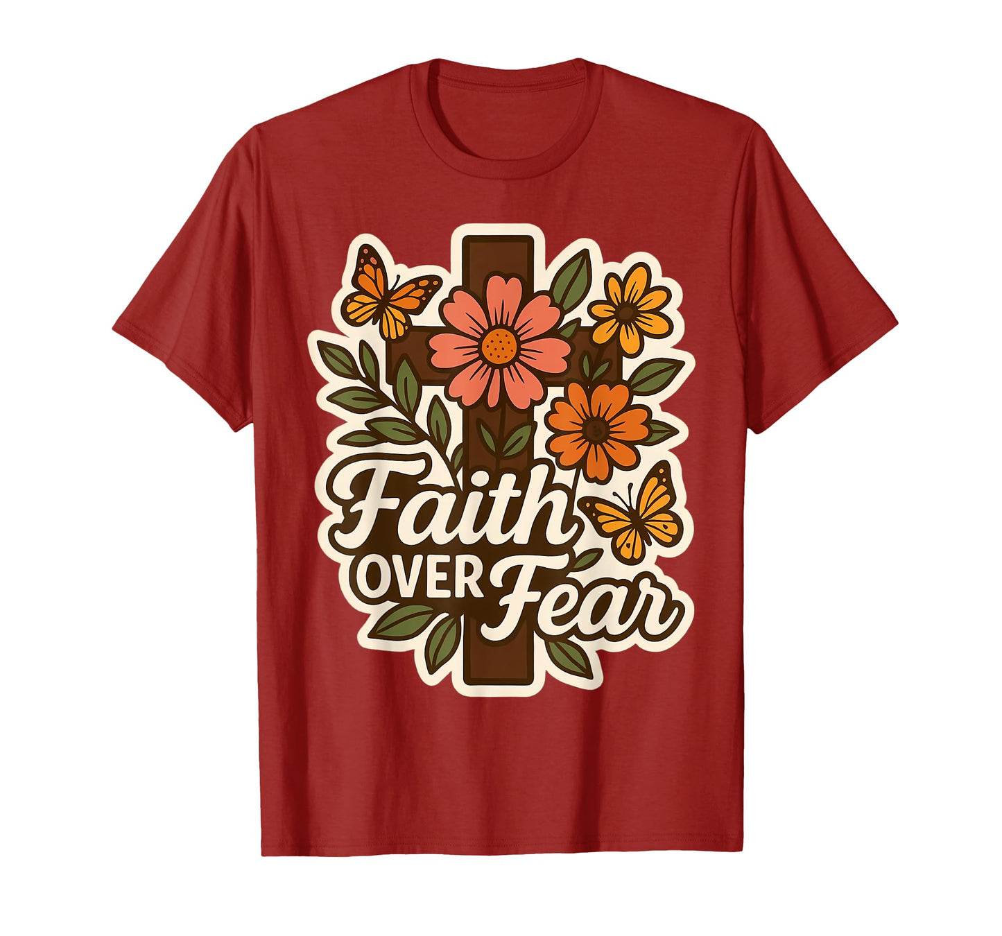 Faith Over Fear Floral Vintage Christian Flowers Cross Retro T-Shirt
