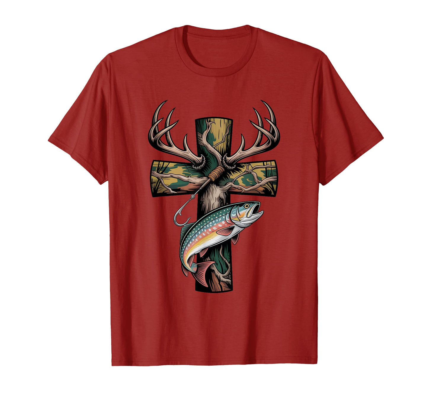 Faith Fishing Hunting Camo Cross with Hook Bass Christian T-Shirt