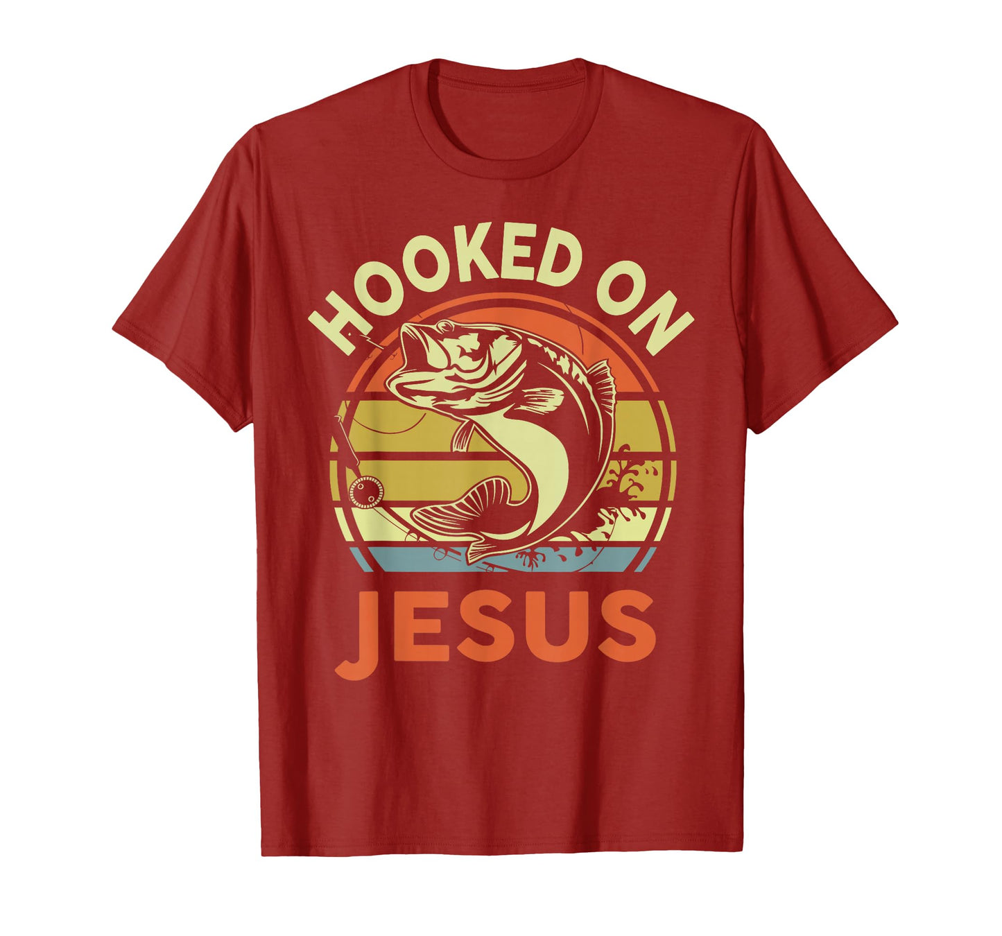 Men's Hooked on Jesus Bass Fish Christian Funny Dad Fishing T-Shirt